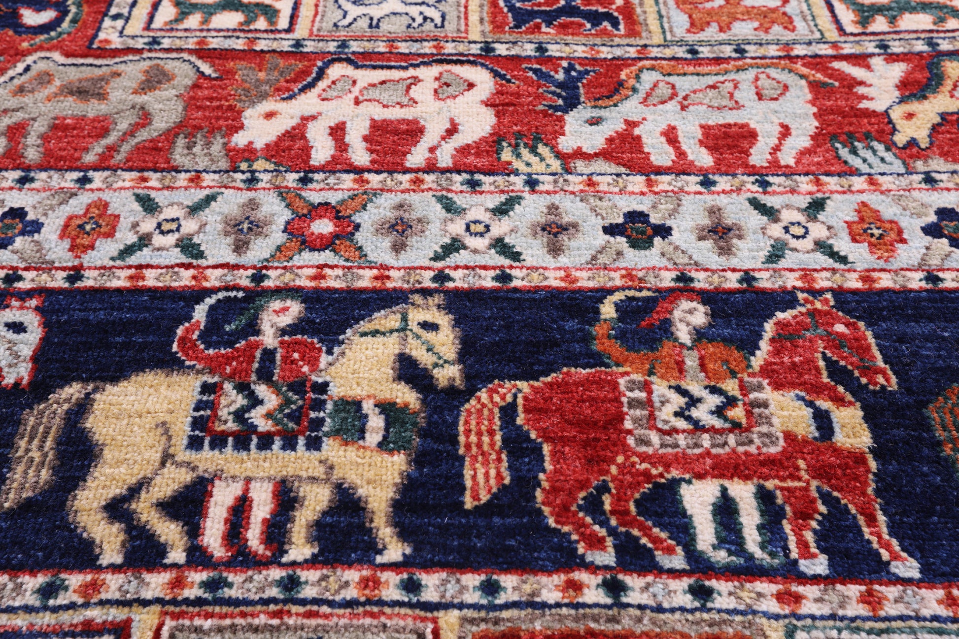 Blue Antiqued Pazyryk Historical Design Hand Knotted Wool Rug - 7' 11" X 9' 8" - Golden Nile