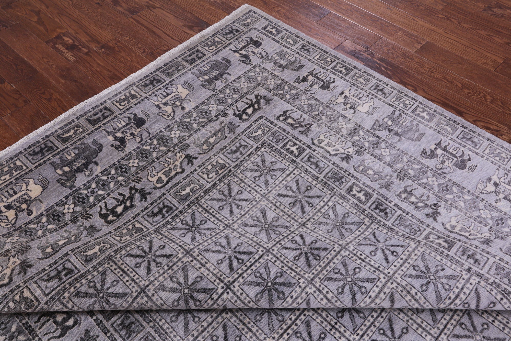 Grey Antiqued Pazyryk Historical Design Handmade Wool Rug - 7' 11" X 9' 11" - Golden Nile