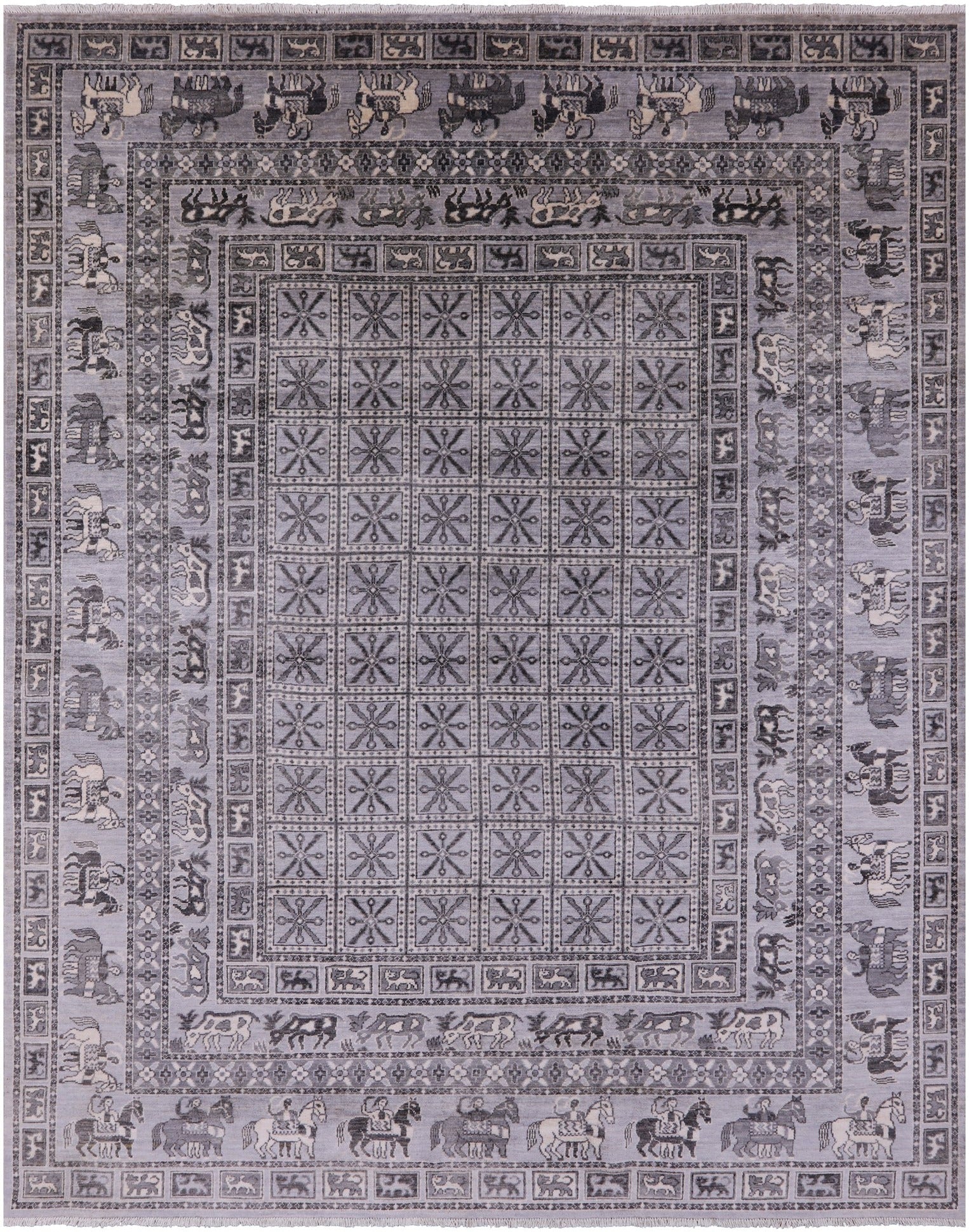 Grey Antiqued Pazyryk Historical Design Handmade Wool Rug - 7' 11" X 9' 11" - Golden Nile