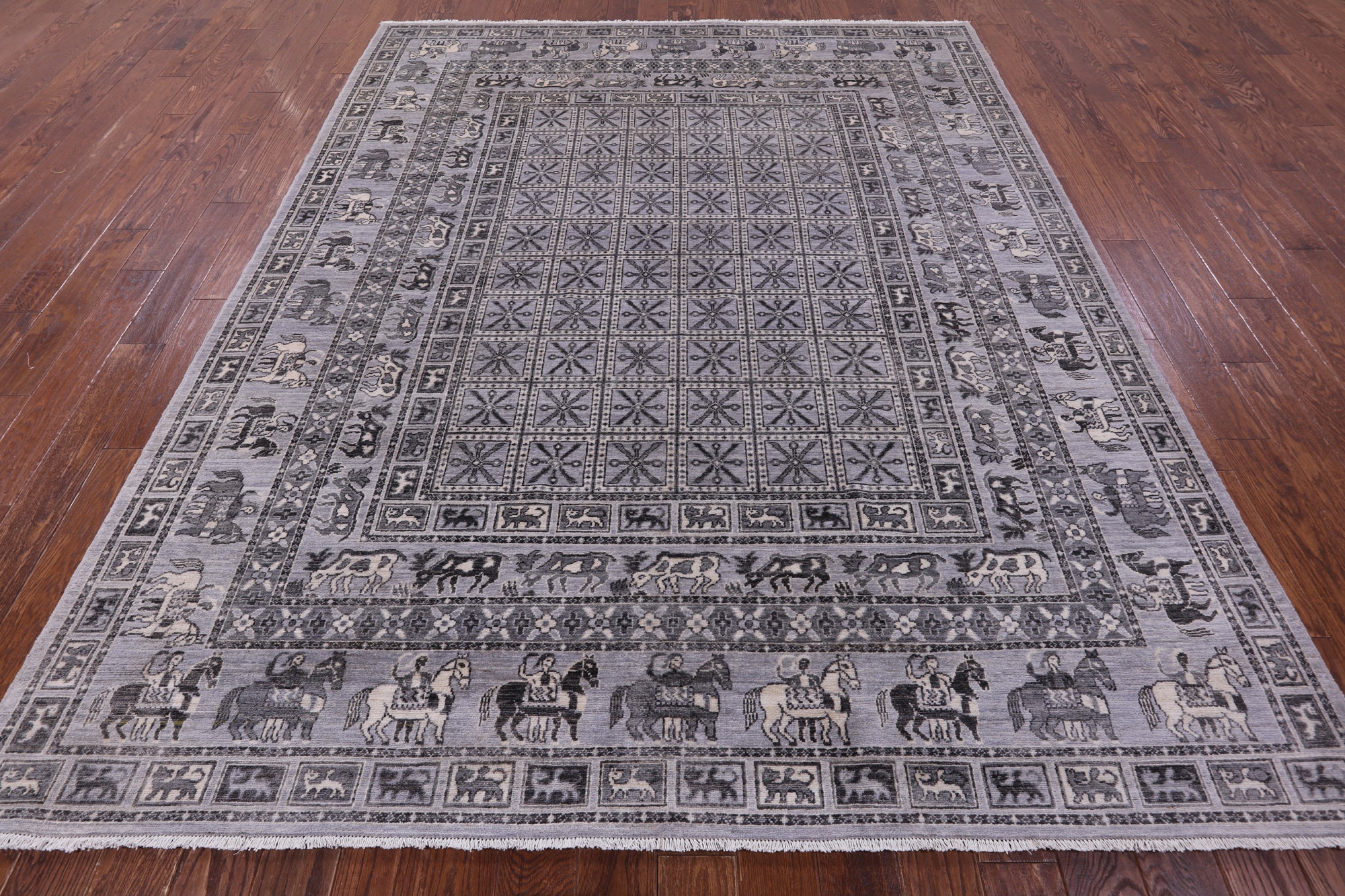 Grey Antiqued Pazyryk Historical Design Handmade Wool Rug - 7' 11" X 9' 11" - Golden Nile