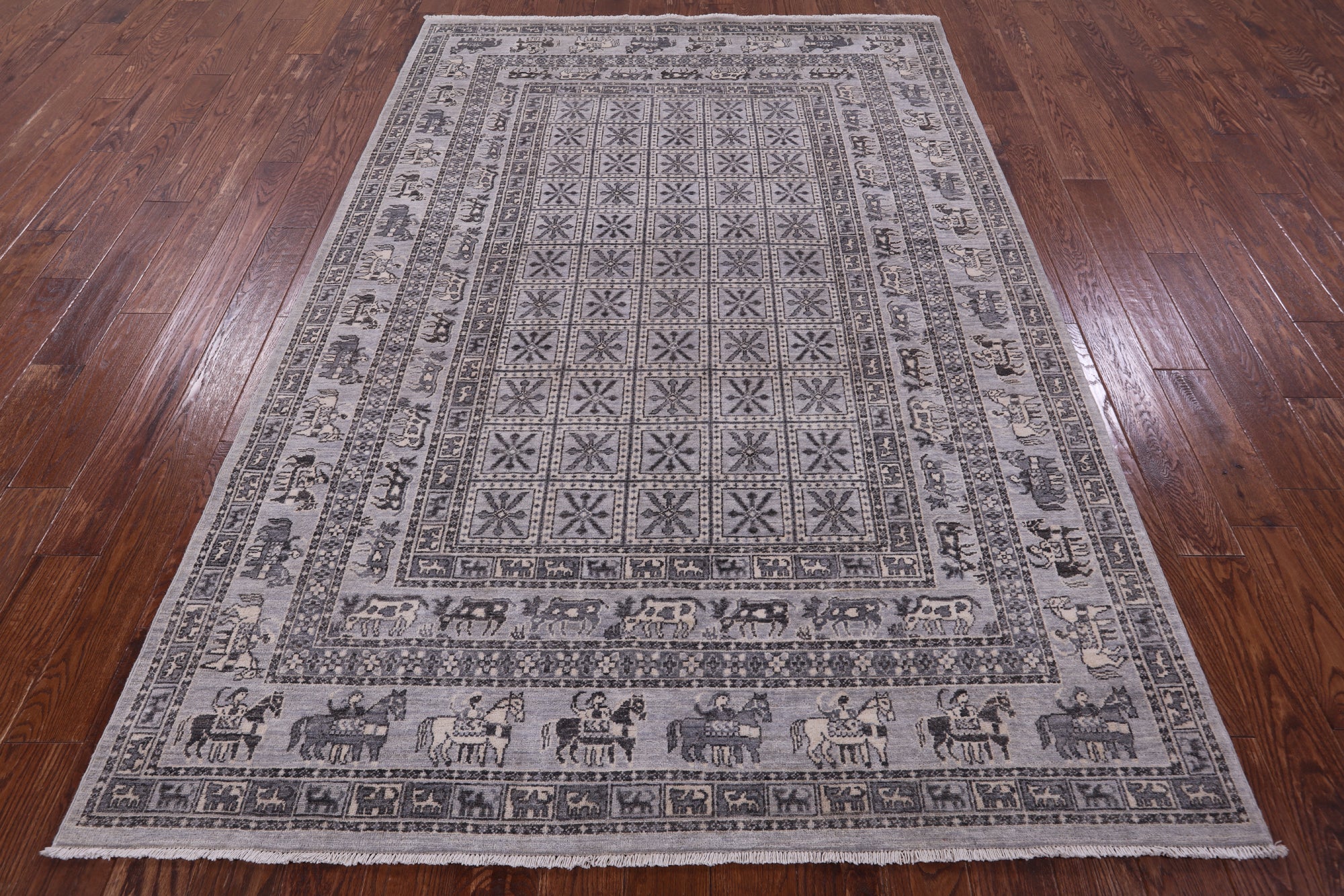 Grey Antiqued Pazyryk Historical Design Handmade Wool Rug - 6' 1" X 8' 10" - Golden Nile