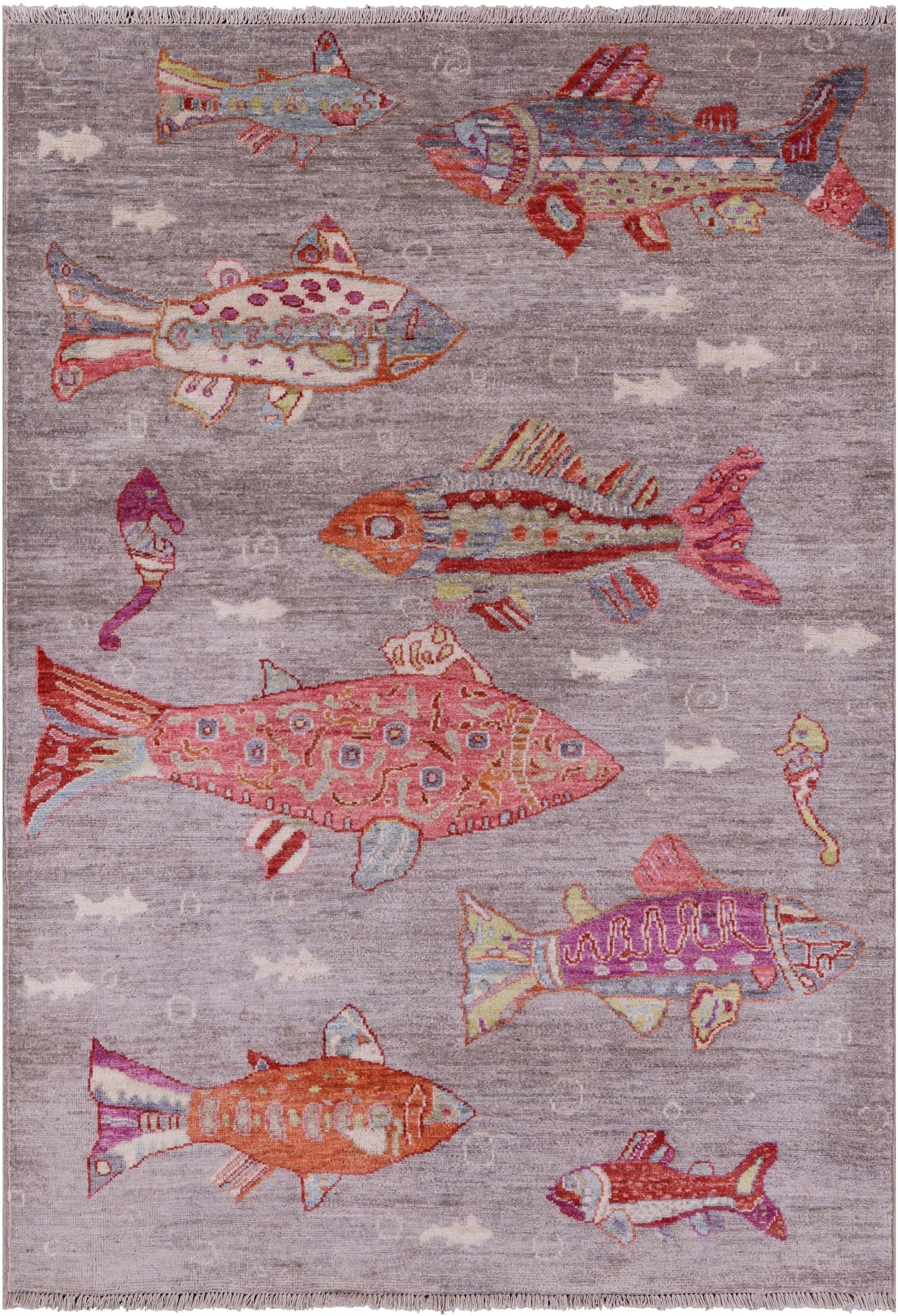 Grey Fish Design Persian Gabbeh Hand Knotted Wool Rug - 4' 1" X 5' 10" - Golden Nile