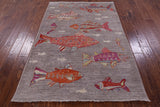 Grey Fish Design Persian Gabbeh Hand Knotted Wool Rug - 4' 1" X 5' 10" - Golden Nile