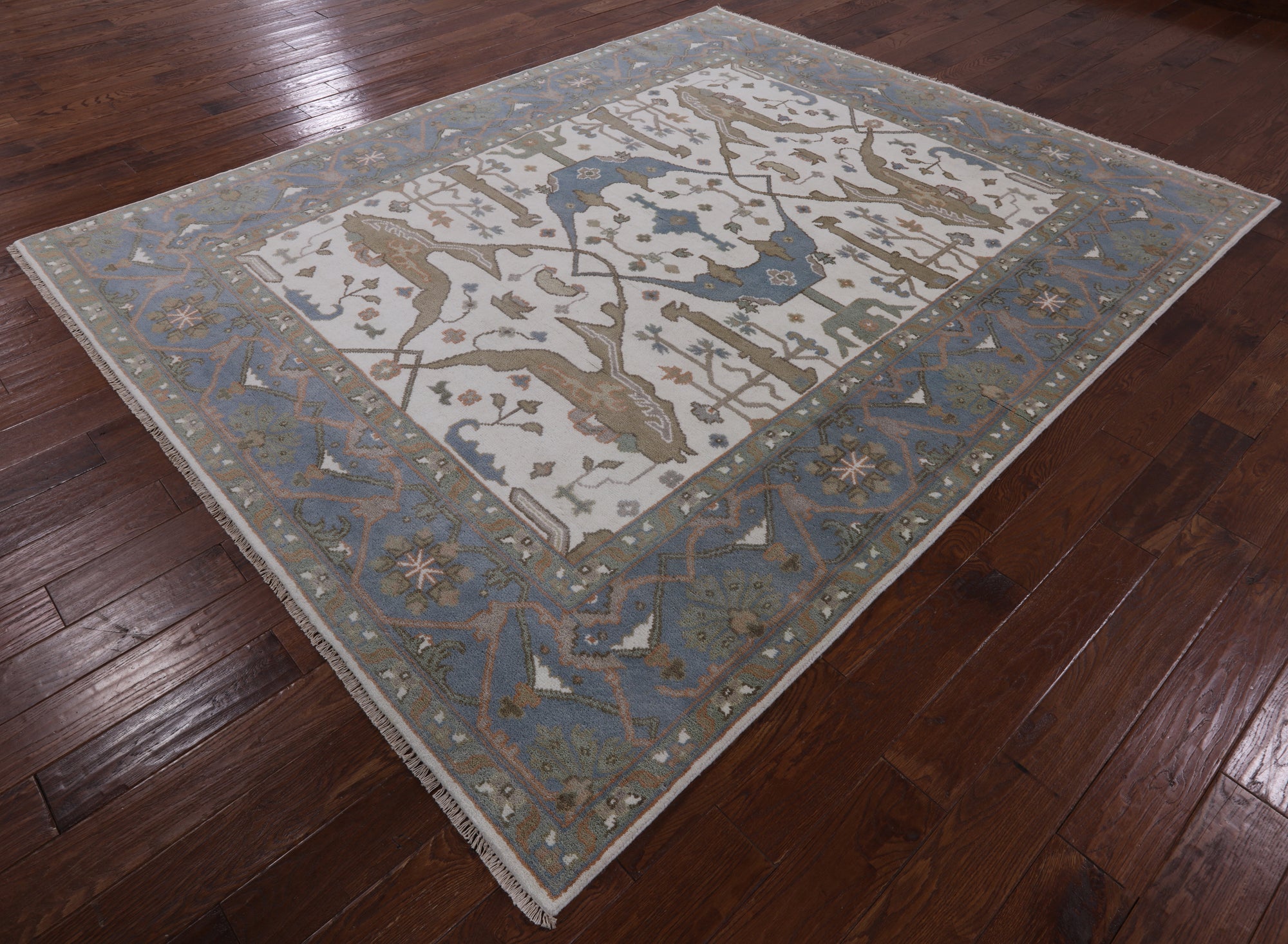 Ivory Turkish Oushak Hand Knotted Wool Area Rug - 7' 11" X 9' 9" - Golden Nile
