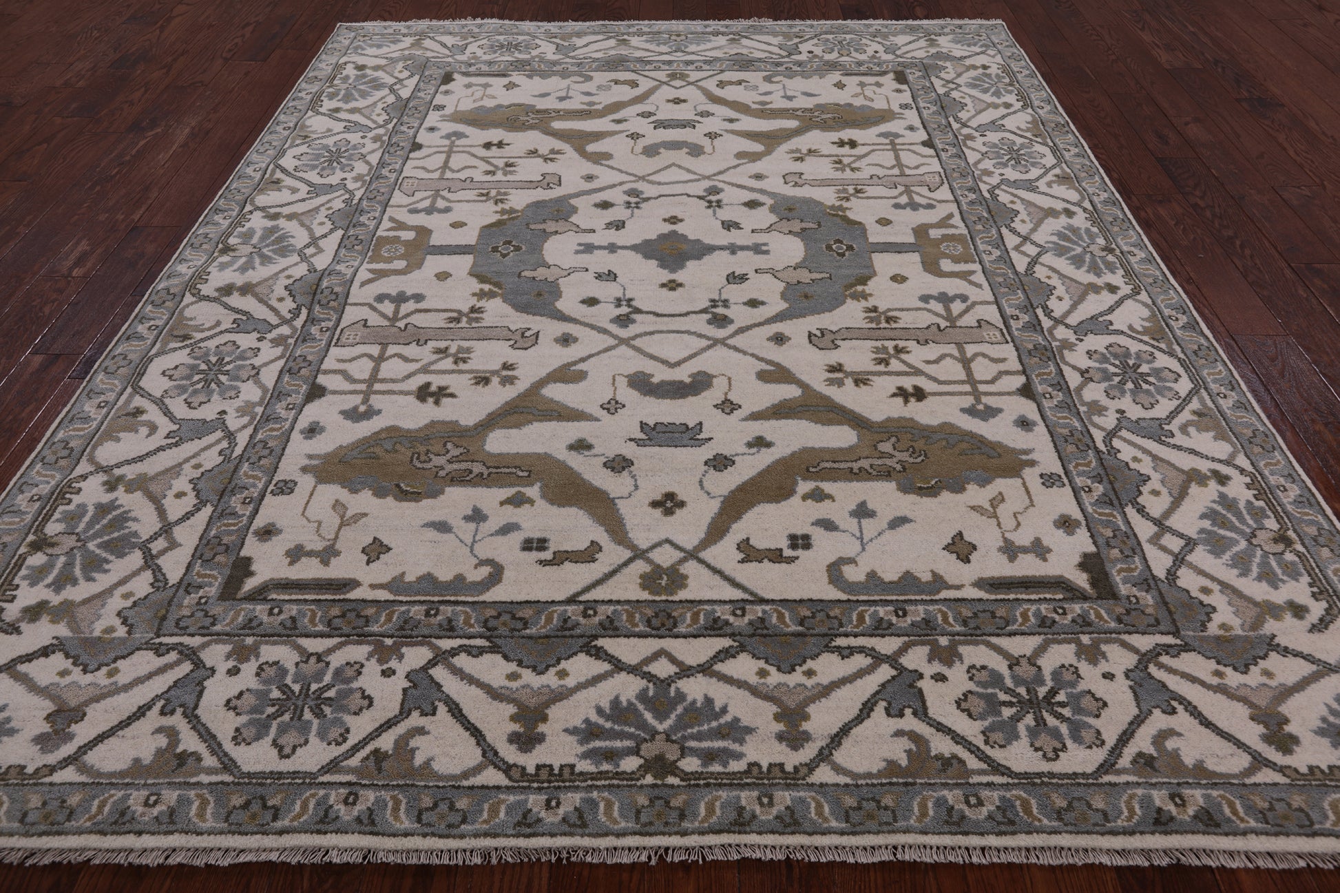 Ivory Turkish Oushak Hand Knotted Wool Rug - 8' 2" X 9' 7" - Golden Nile