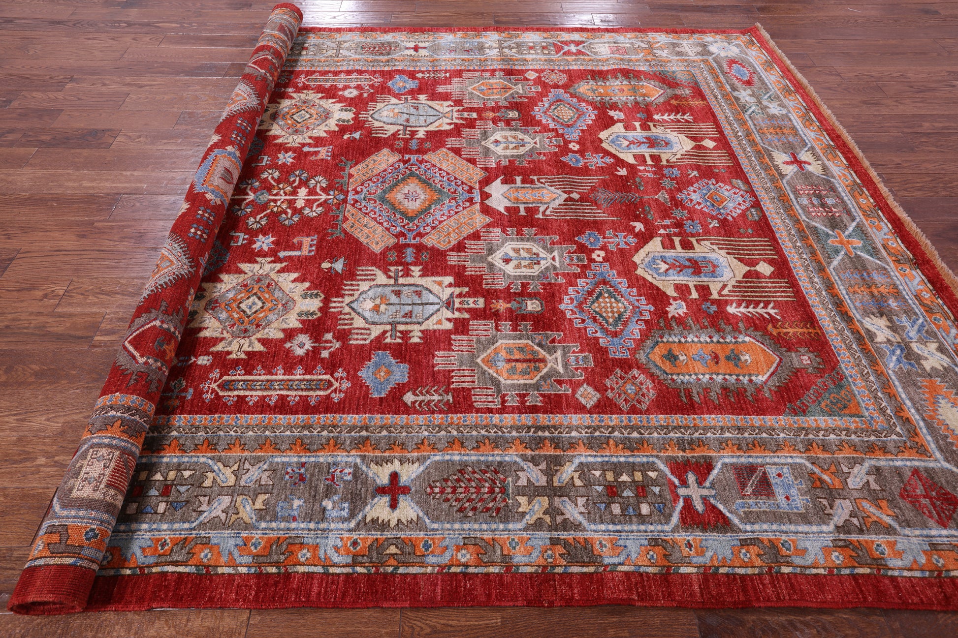 Red Persian Fine Serapi Hand Knotted Wool on Wool Rug - 8' 2" X 10' 3" - Golden Nile