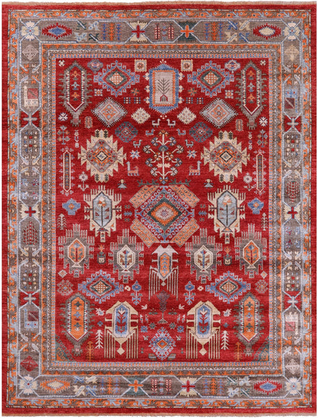 Red Persian Fine Serapi Hand Knotted Wool on Wool Rug - 8' 2" X 10' 3" - Golden Nile