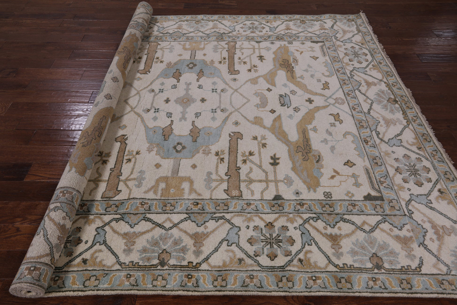 Ivory Turkish Oushak Hand Knotted Wool Area Rug - 8' 2" X 9' 8" - Golden Nile