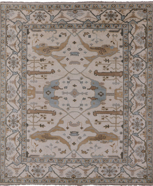 Ivory Turkish Oushak Hand Knotted Wool Area Rug - 8' 2" X 9' 8" - Golden Nile