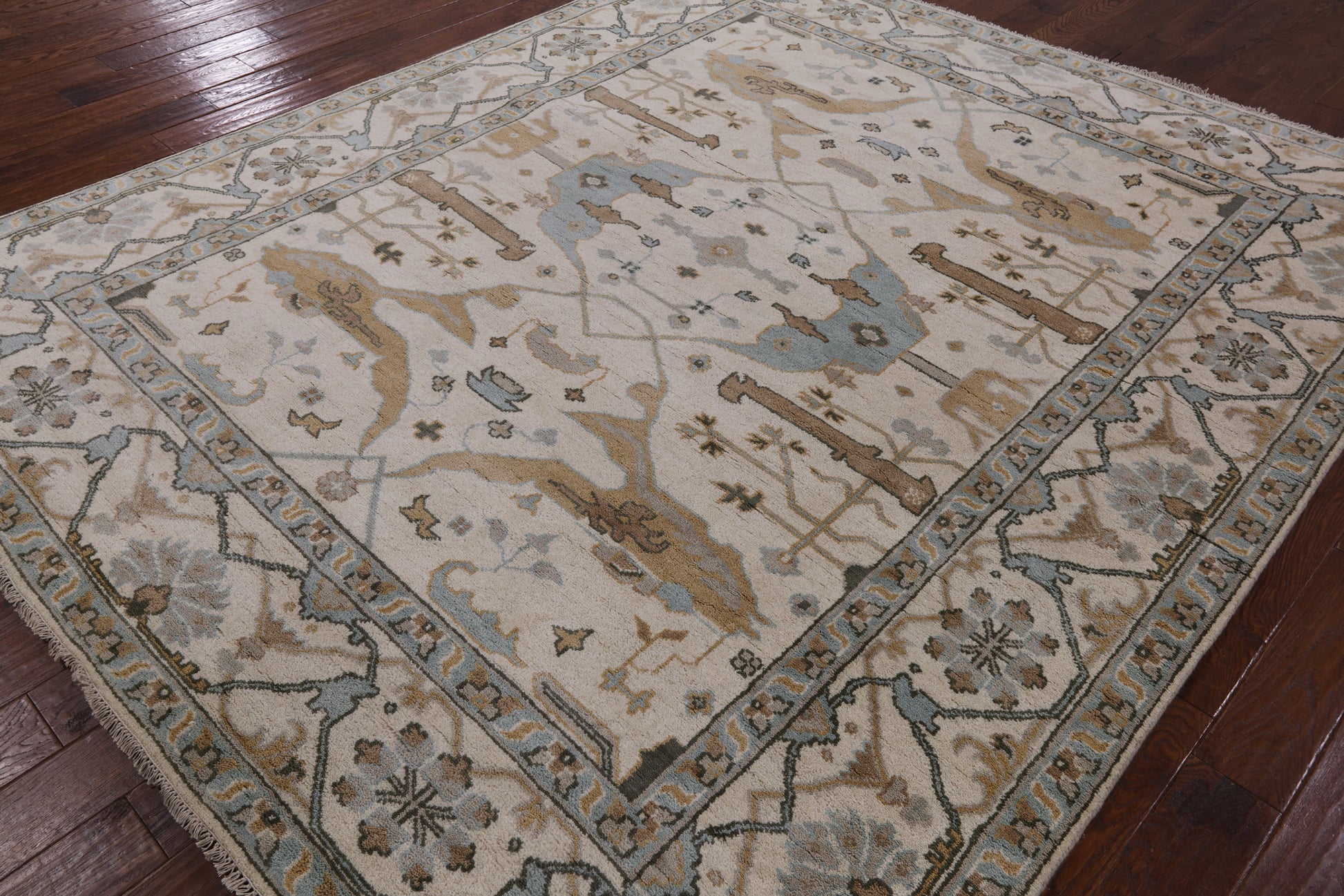 Ivory Turkish Oushak Hand Knotted Wool Area Rug - 8' 2" X 9' 8" - Golden Nile