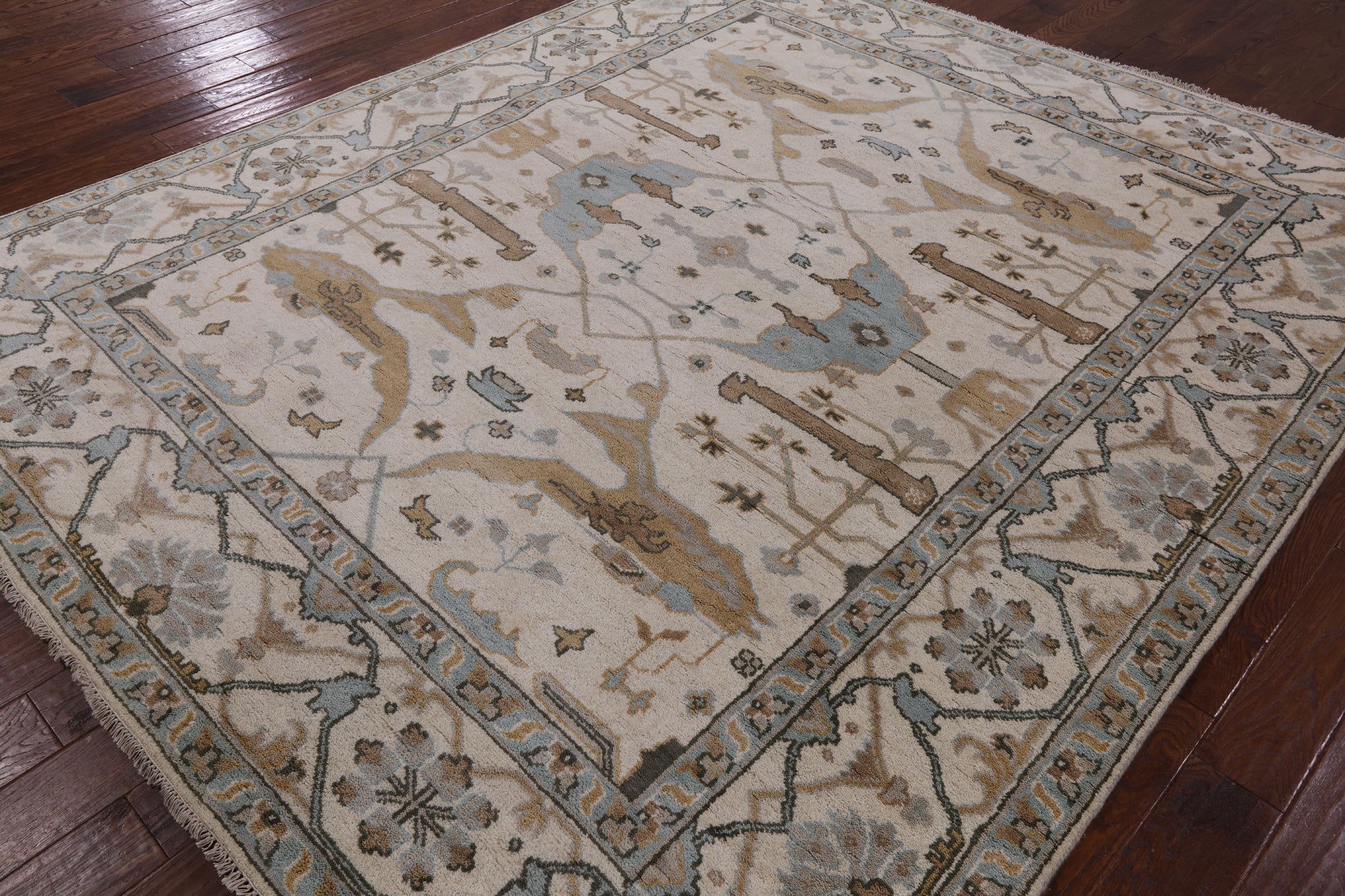 Ivory Turkish Oushak Hand Knotted Wool Area Rug - 8' 2" X 9' 8" - Golden Nile