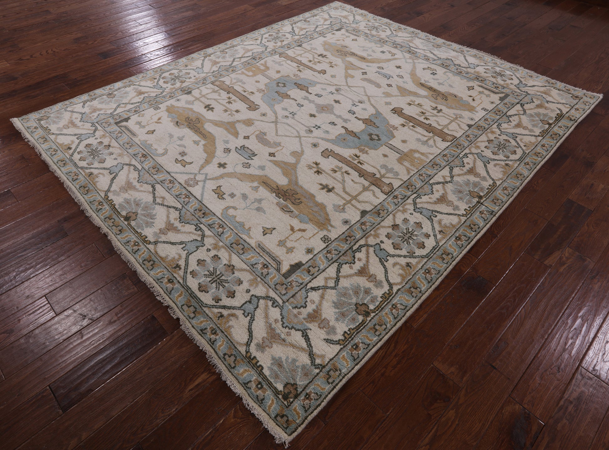 Ivory Turkish Oushak Hand Knotted Wool Area Rug - 8' 2" X 9' 8" - Golden Nile