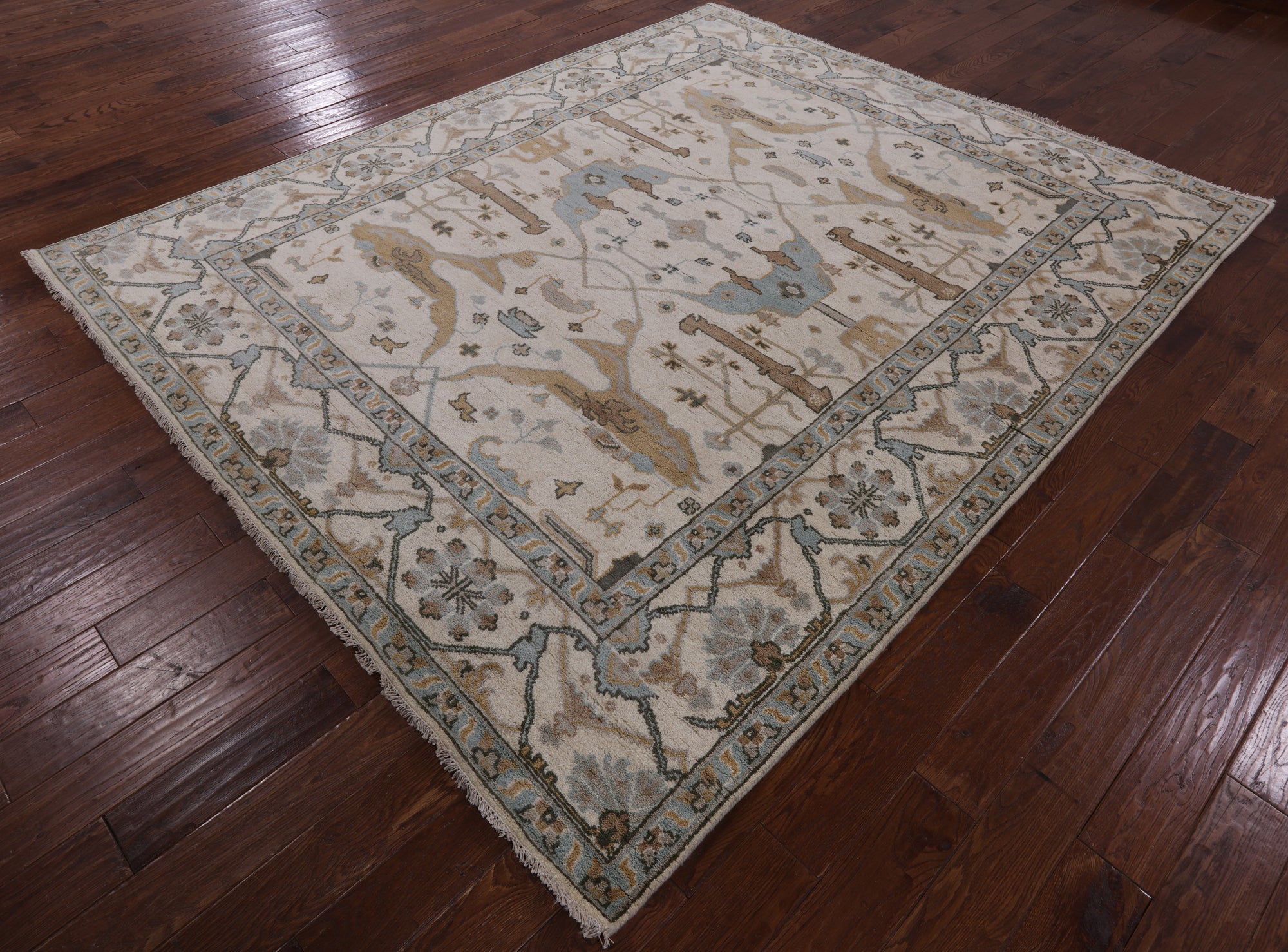 Ivory Turkish Oushak Hand Knotted Wool Area Rug - 8' 2" X 9' 8" - Golden Nile
