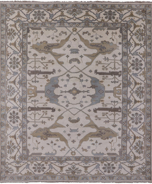 Ivory Turkish Oushak Hand Knotted Wool Area Rug - 8' 3" X 9' 9" - Golden Nile