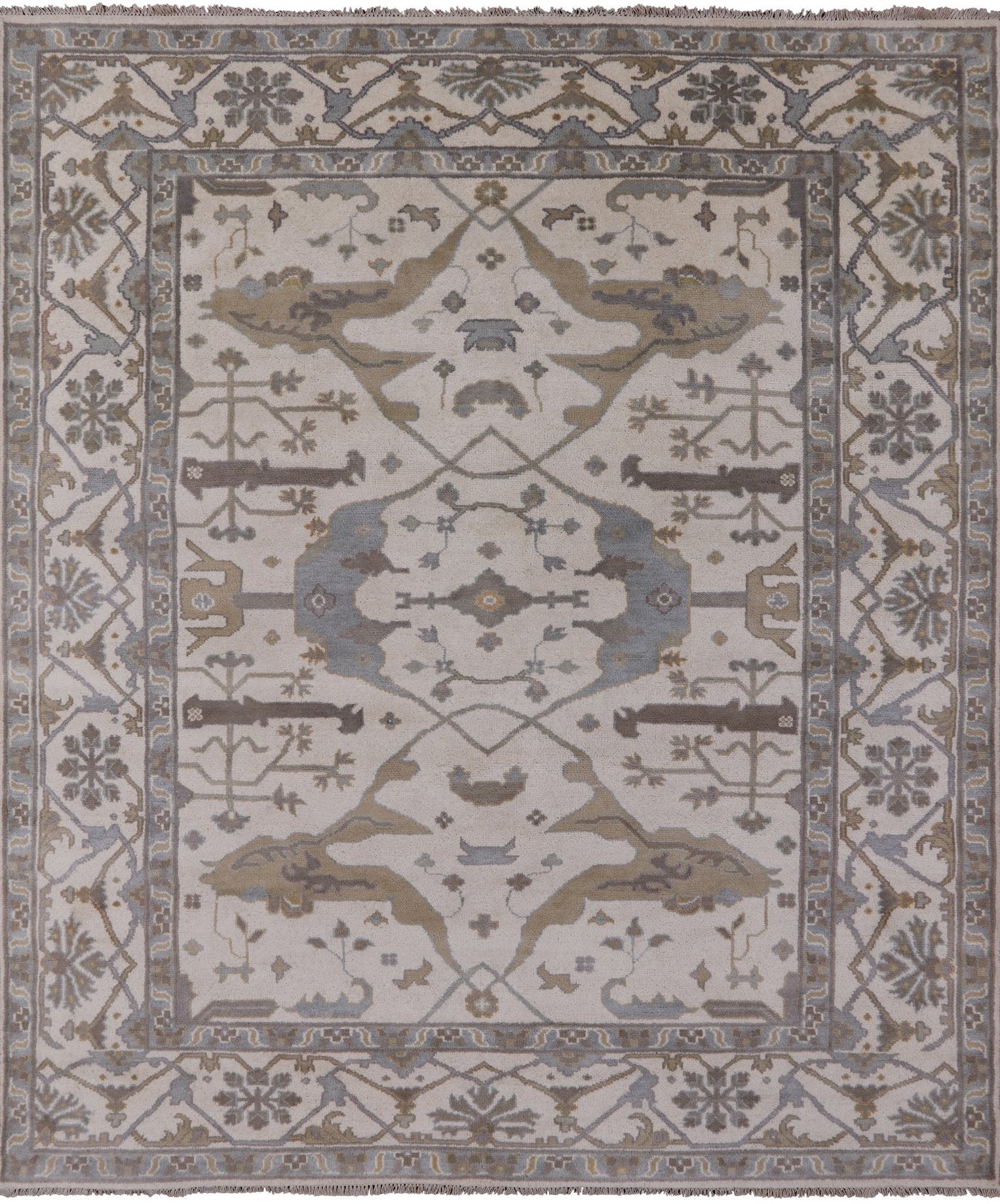 Ivory Turkish Oushak Hand Knotted Wool Area Rug - 8' 3" X 9' 9" - Golden Nile