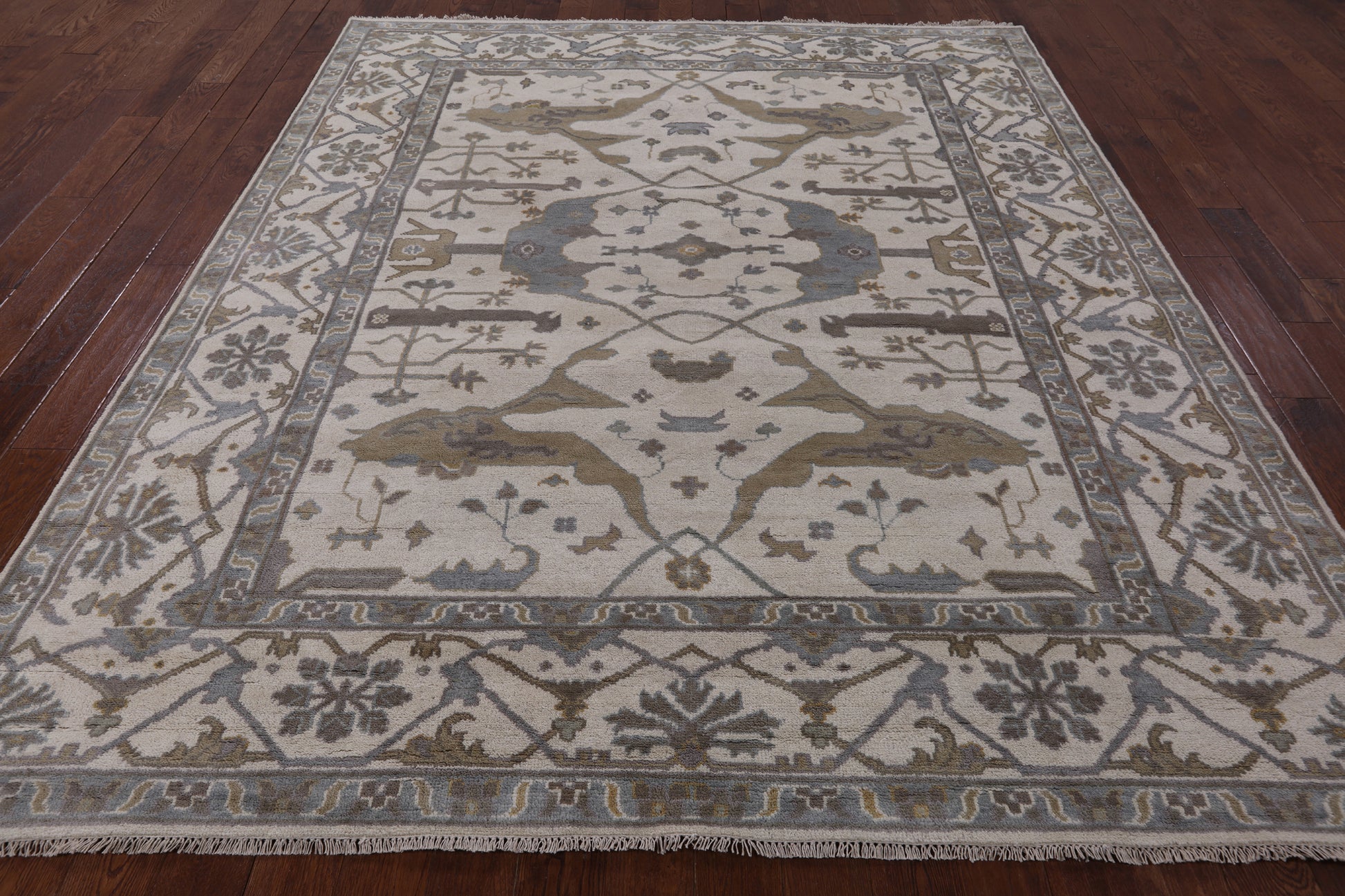 Ivory Turkish Oushak Hand Knotted Wool Area Rug - 8' 3" X 9' 9" - Golden Nile