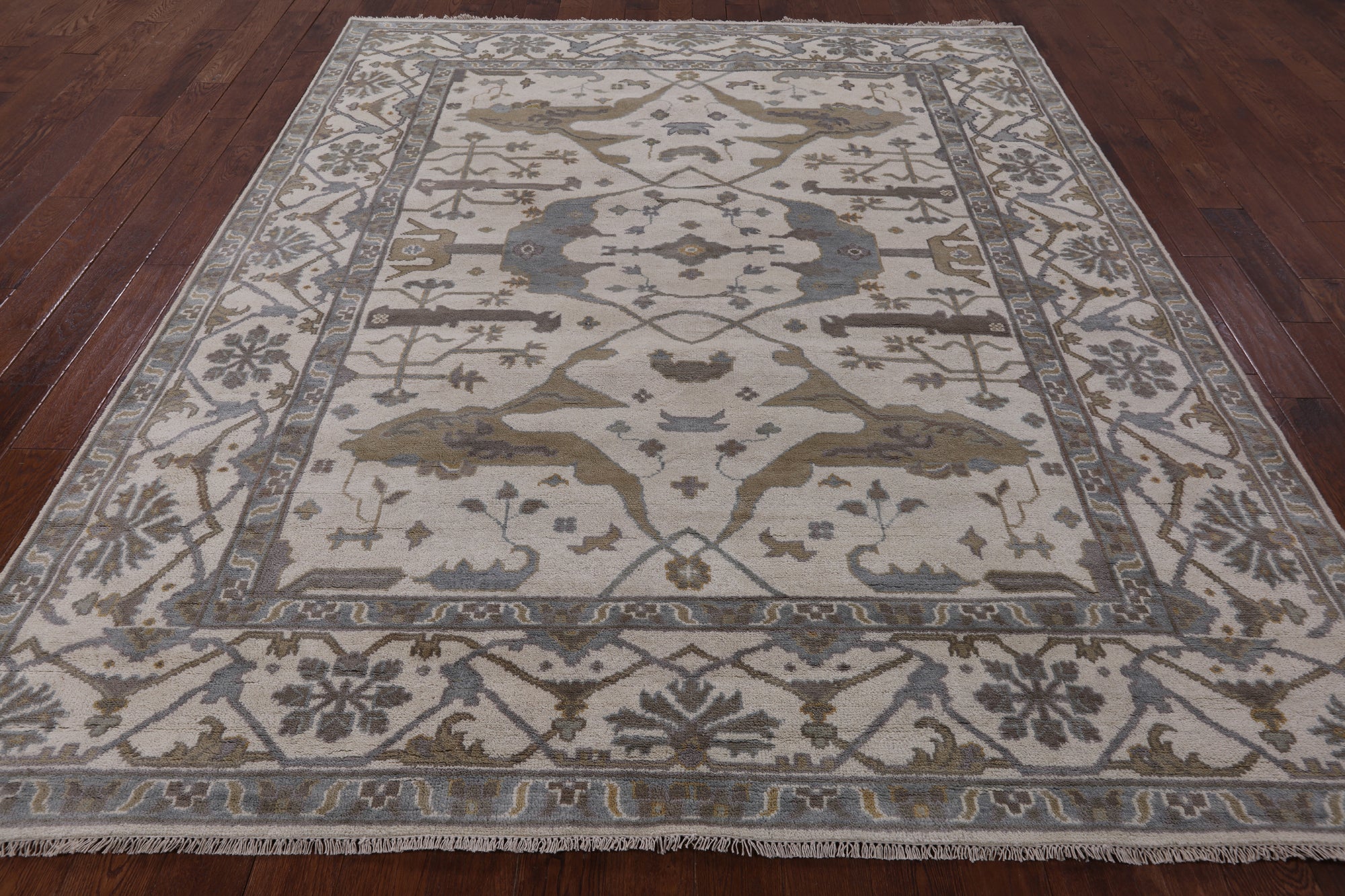 Ivory Turkish Oushak Hand Knotted Wool Area Rug - 8' 3" X 9' 9" - Golden Nile