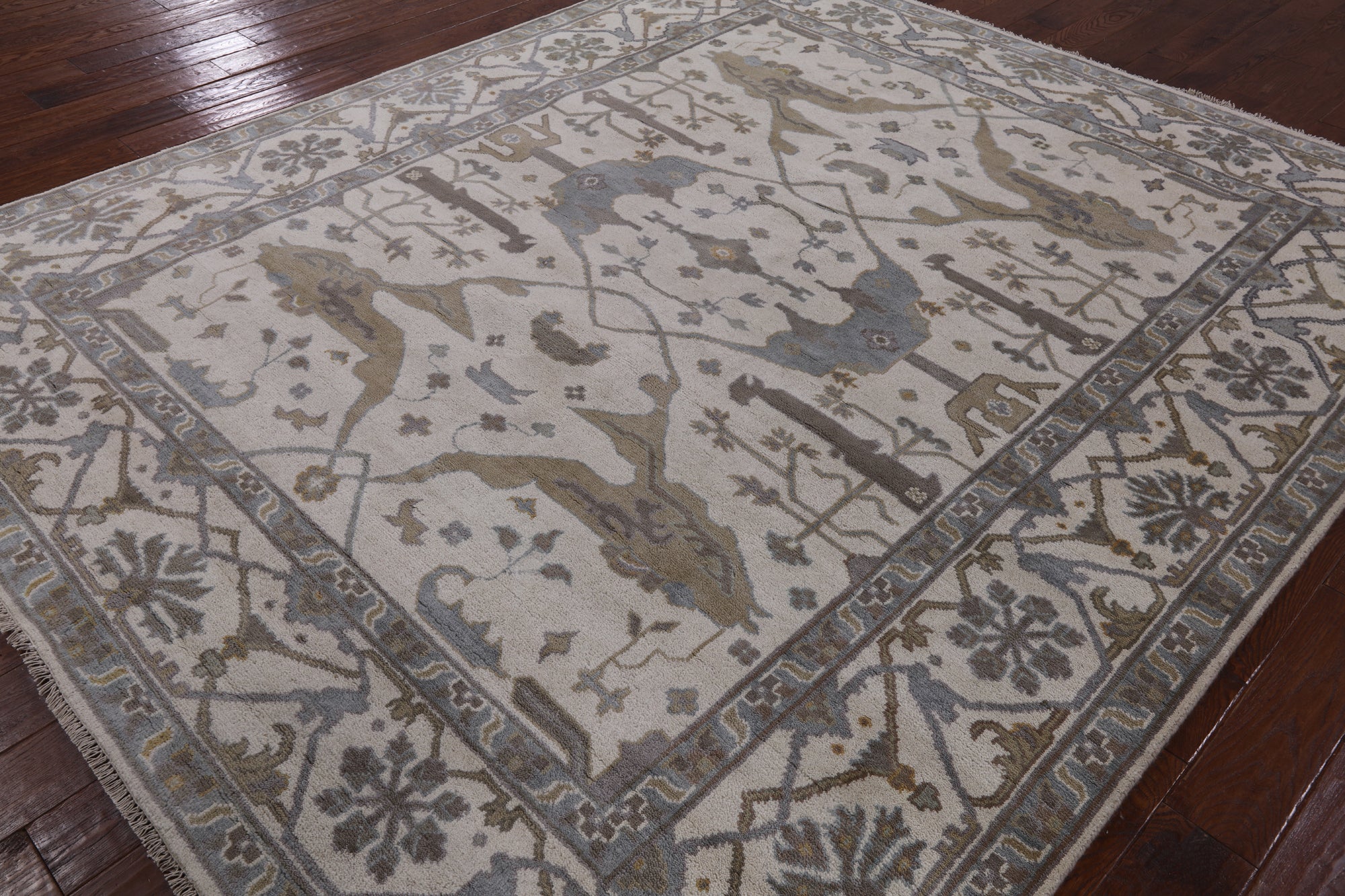 Ivory Turkish Oushak Hand Knotted Wool Area Rug - 8' 3" X 9' 9" - Golden Nile