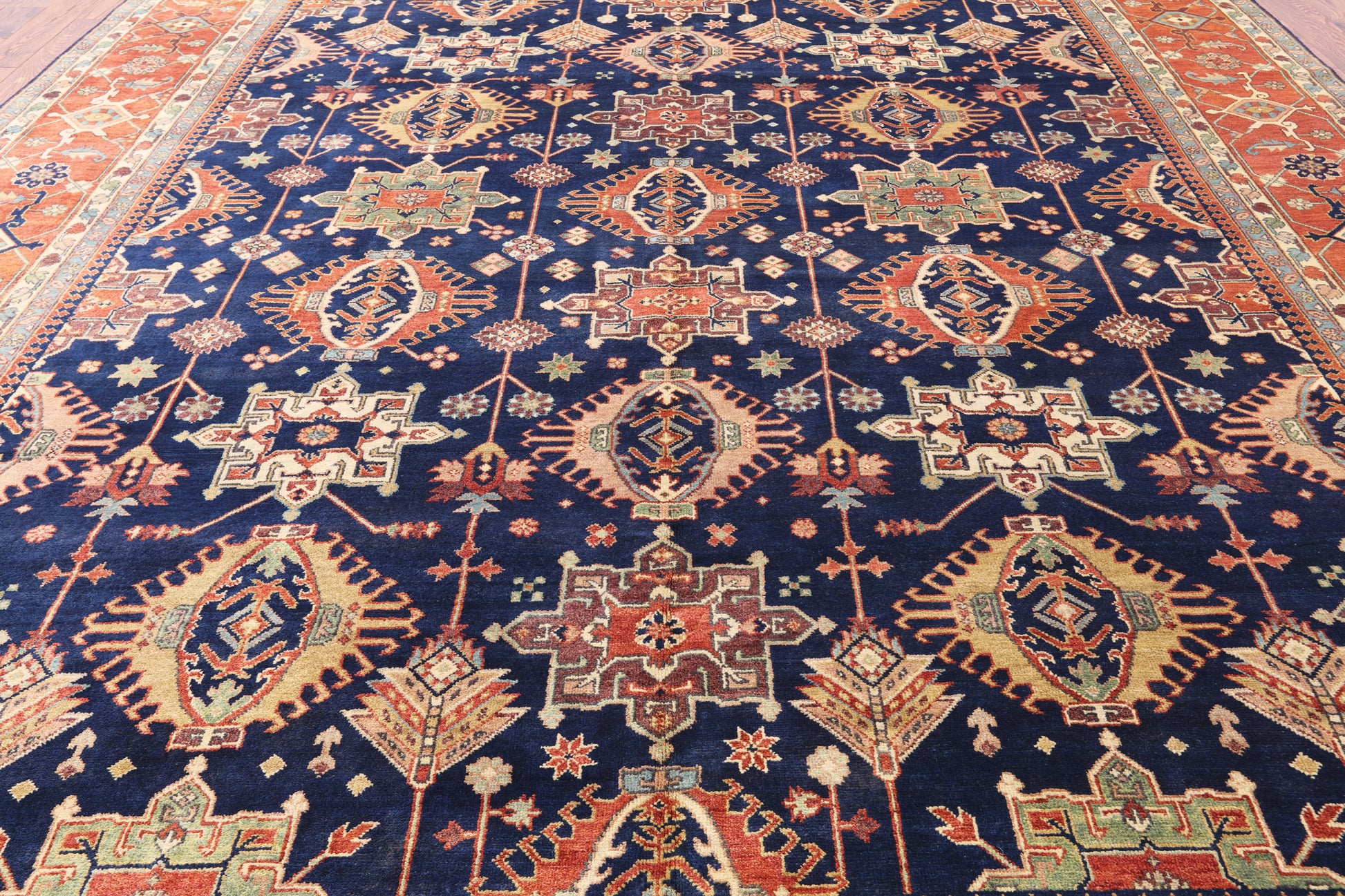 Blue Persian Heriz Serapi Hand Knotted Wool Rug - 12' 0" X 15' 0" - Golden Nile