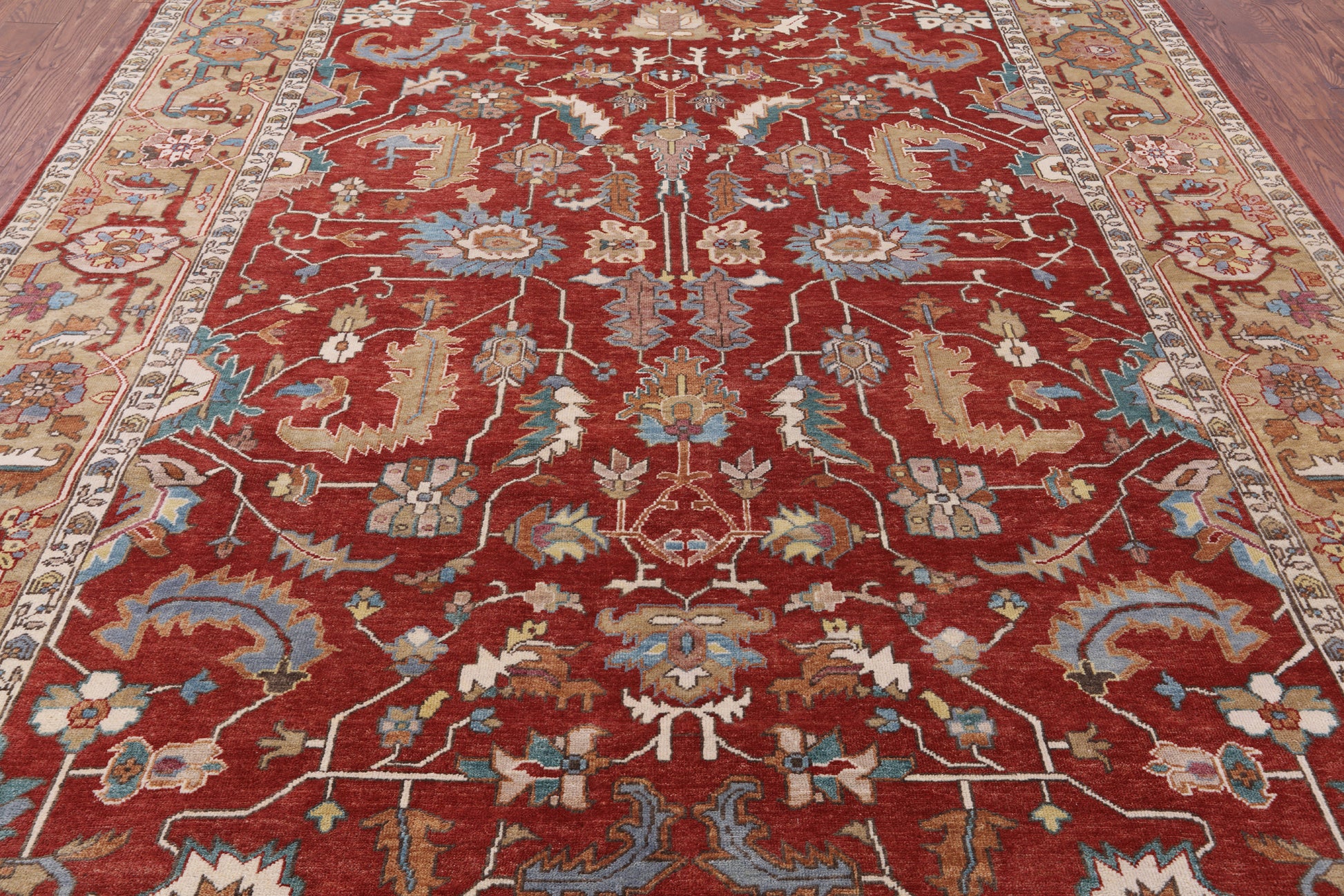 Red Persian Heriz Serapi Handmade Wool Rug - 8' 8" X 12' 3" - Golden Nile