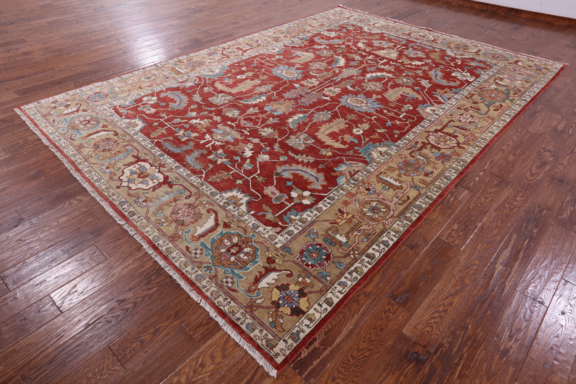 Red Persian Heriz Serapi Handmade Wool Rug - 8' 8" X 12' 3" - Golden Nile