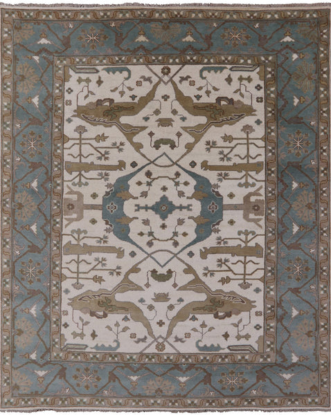 Ivory Turkish Oushak Hand Knotted Wool Area Rug - 8' 0" X 9' 10" - Golden Nile