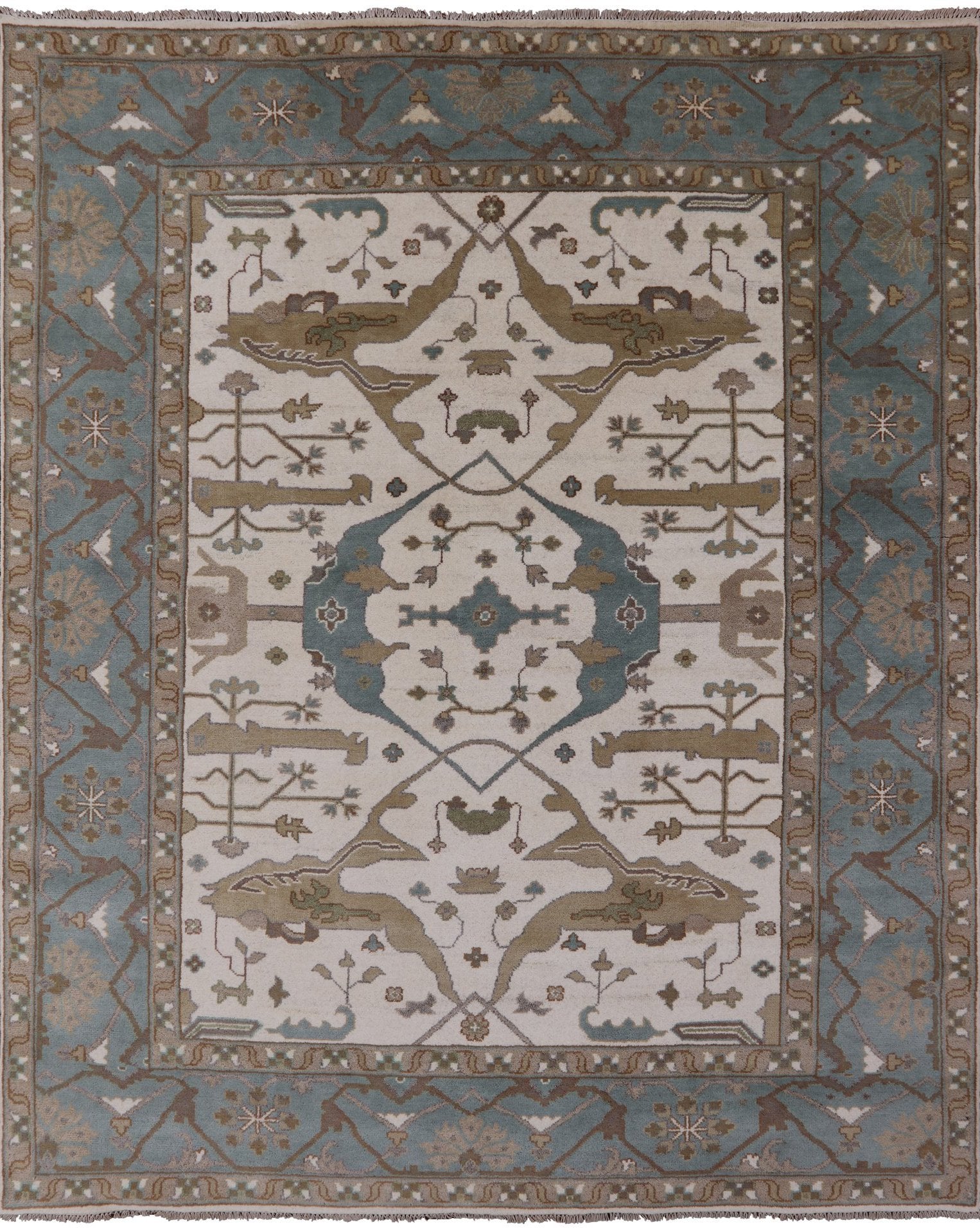 Ivory Turkish Oushak Hand Knotted Wool Area Rug - 8' 0" X 9' 10" - Golden Nile