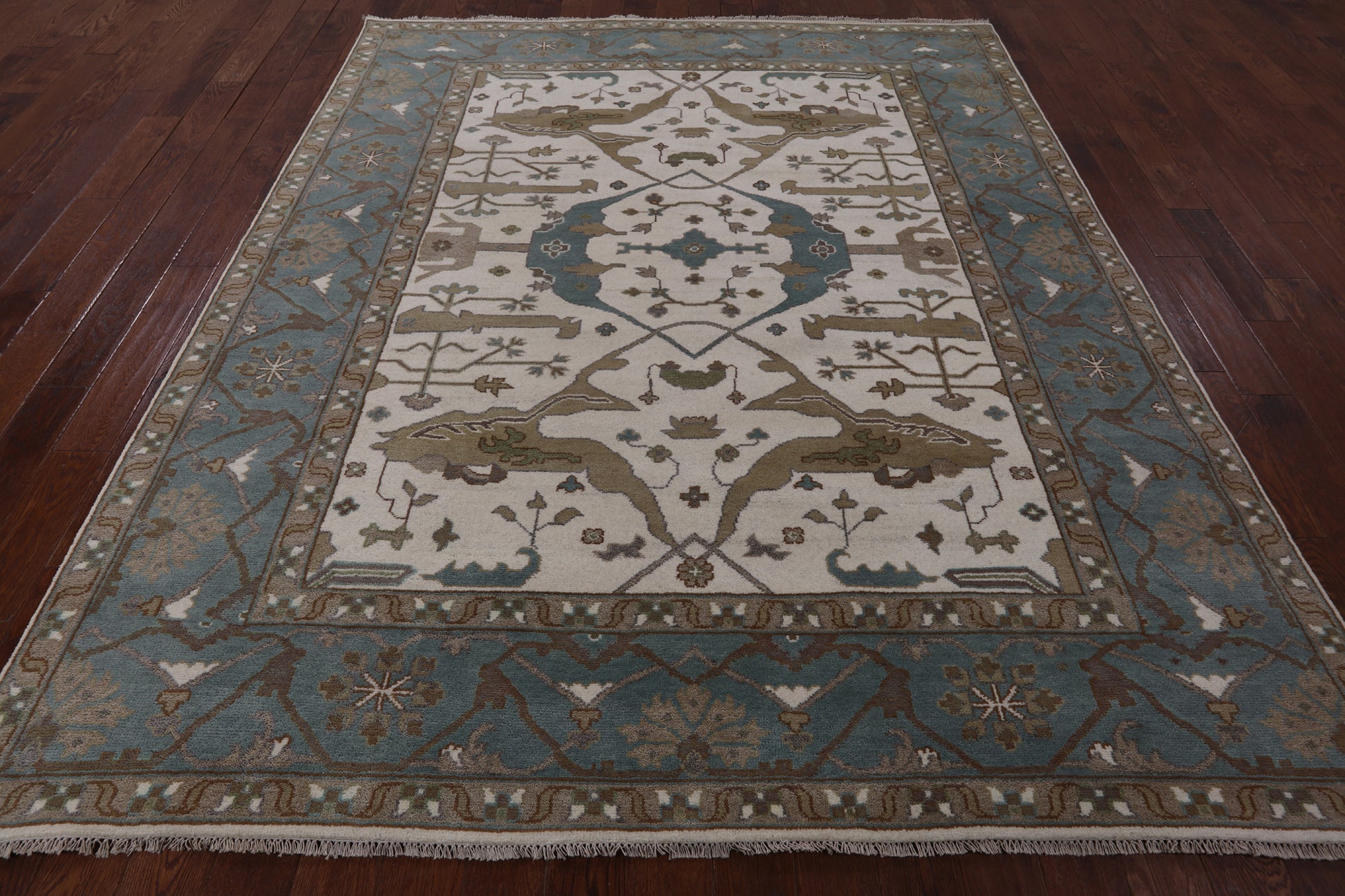 Ivory Turkish Oushak Hand Knotted Wool Area Rug - 8' 0" X 9' 10" - Golden Nile