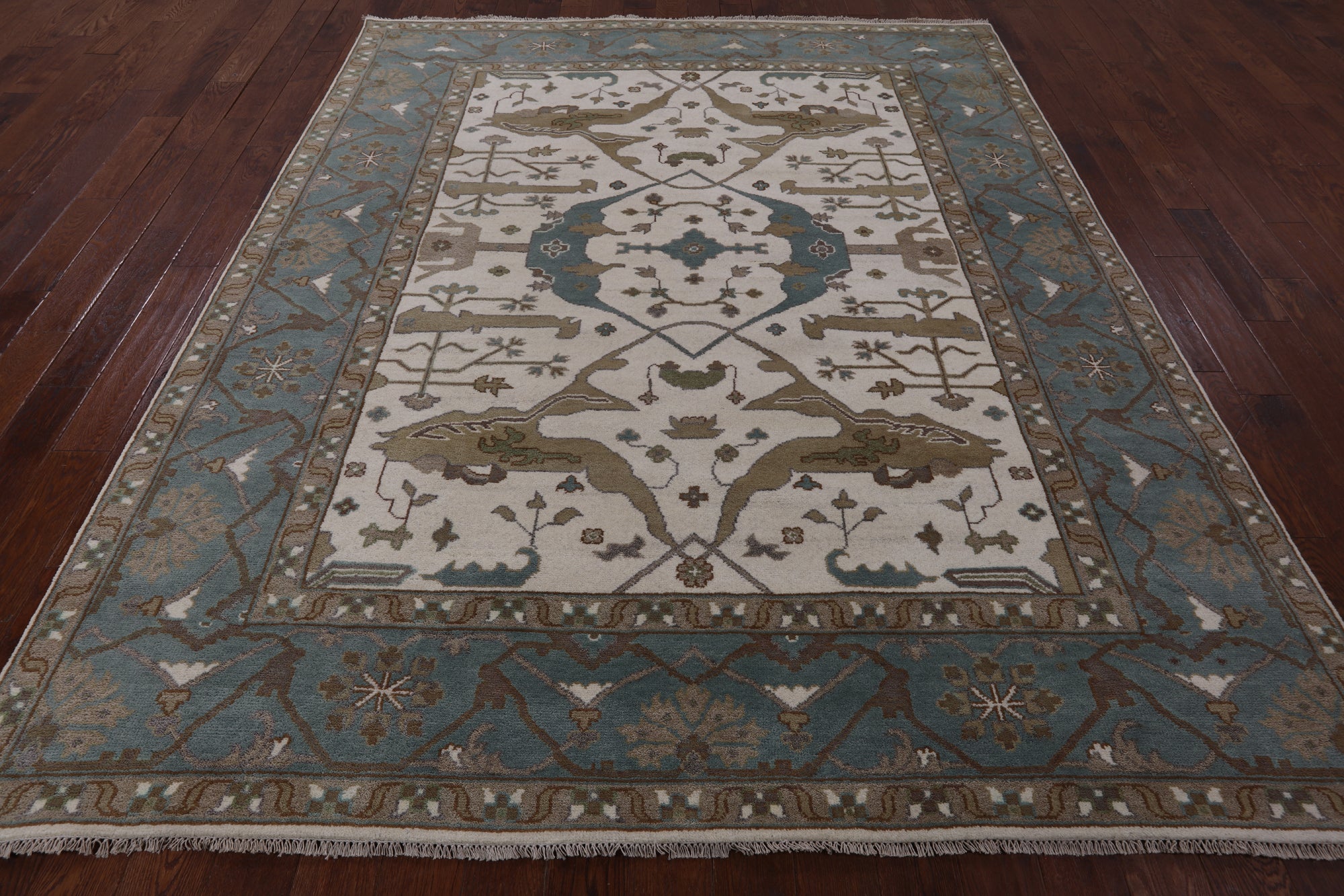 Ivory Turkish Oushak Hand Knotted Wool Area Rug - 8' 0" X 9' 10" - Golden Nile