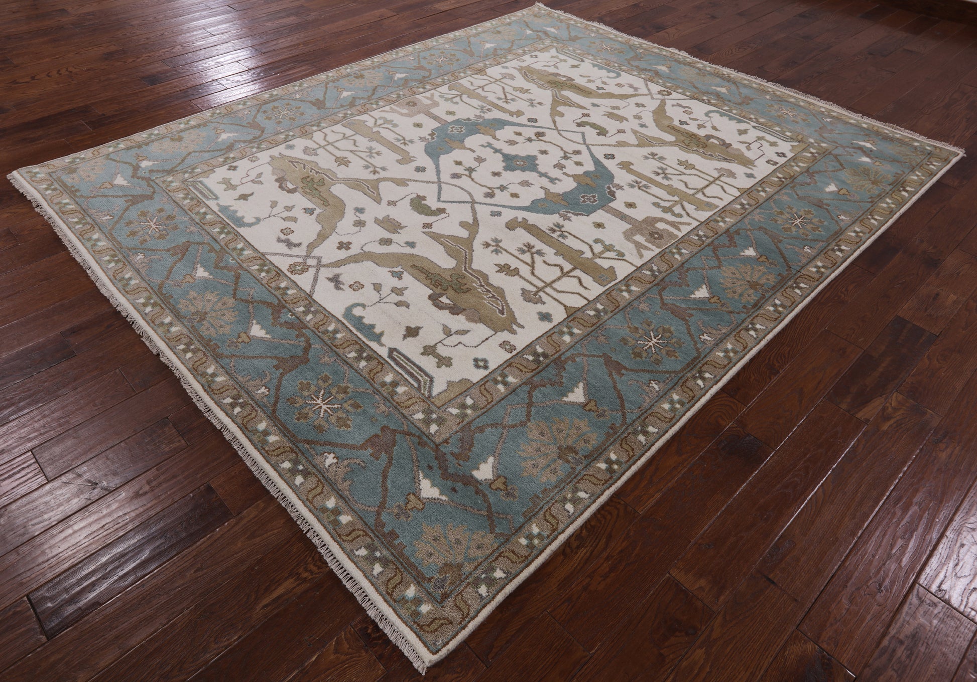 Ivory Turkish Oushak Hand Knotted Wool Area Rug - 8' 0" X 9' 10" - Golden Nile
