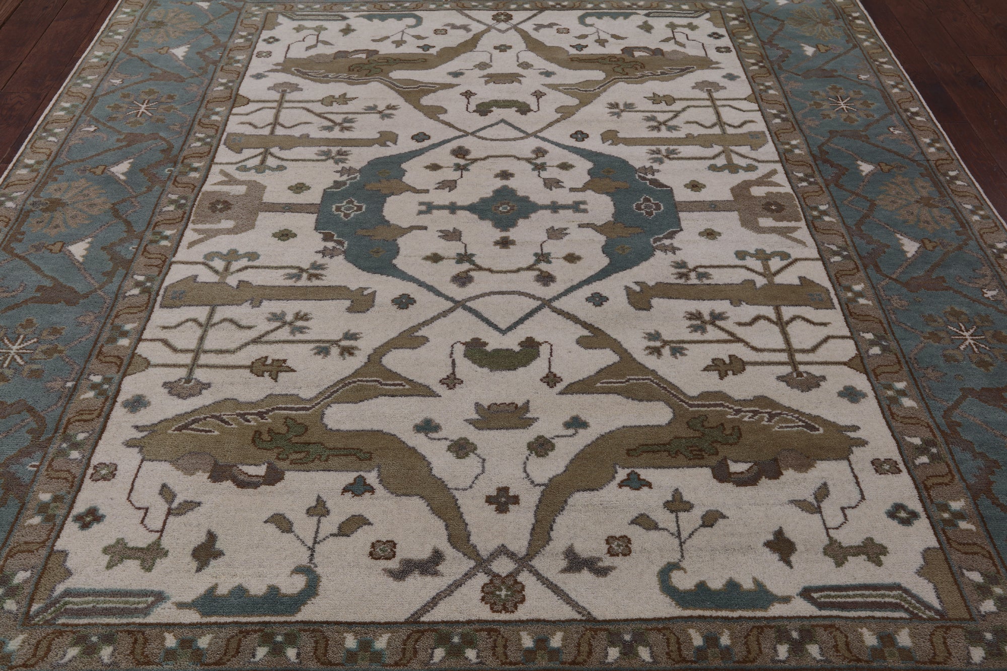 Ivory Turkish Oushak Hand Knotted Wool Area Rug - 8' 0" X 9' 10" - Golden Nile