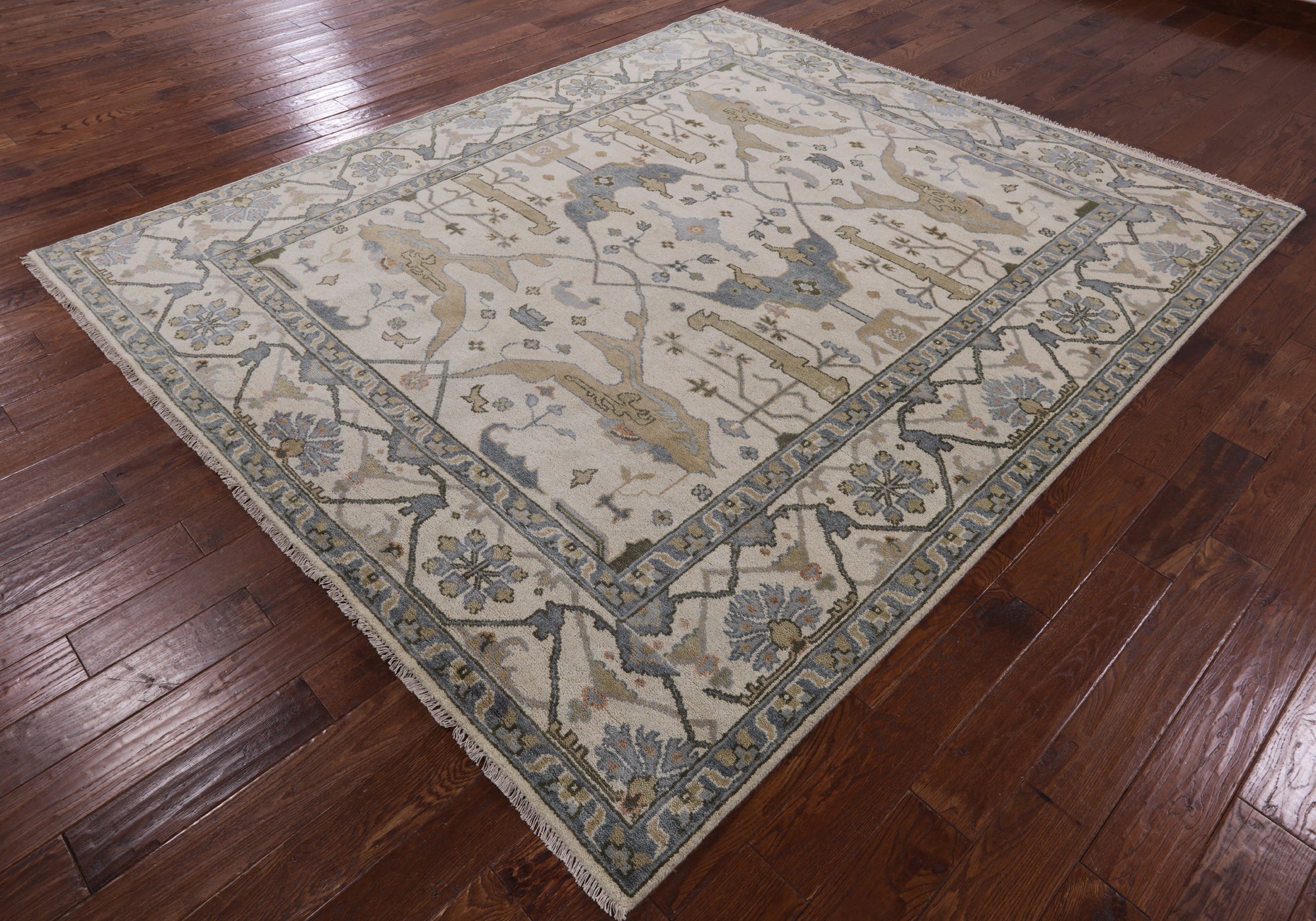 Ivory Turkish Oushak Hand Knotted Wool Area Rug - 8' 3" X 9' 9" - Golden Nile