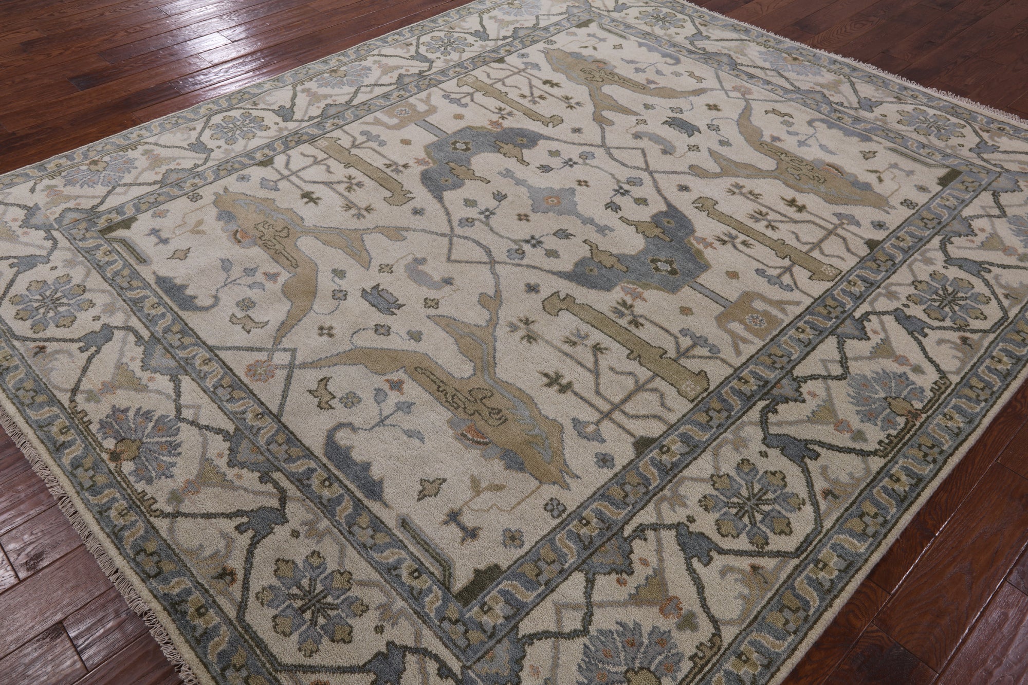 Ivory Turkish Oushak Hand Knotted Wool Area Rug - 8' 3" X 9' 9" - Golden Nile