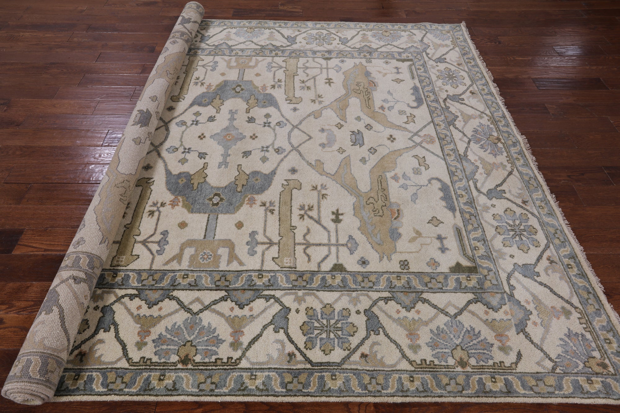 Ivory Turkish Oushak Hand Knotted Wool Area Rug - 8' 3" X 9' 9" - Golden Nile