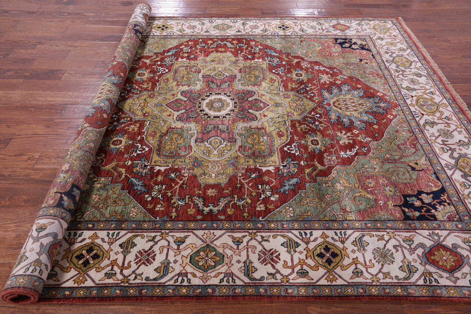 Rust Persian Fine Serapi Handmade Wool Rug - 7' 9" X 9' 9" - Golden Nile