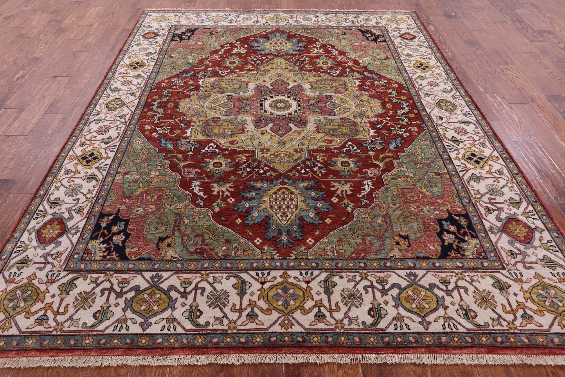 Rust Persian Fine Serapi Handmade Wool Rug - 7' 9" X 9' 9" - Golden Nile