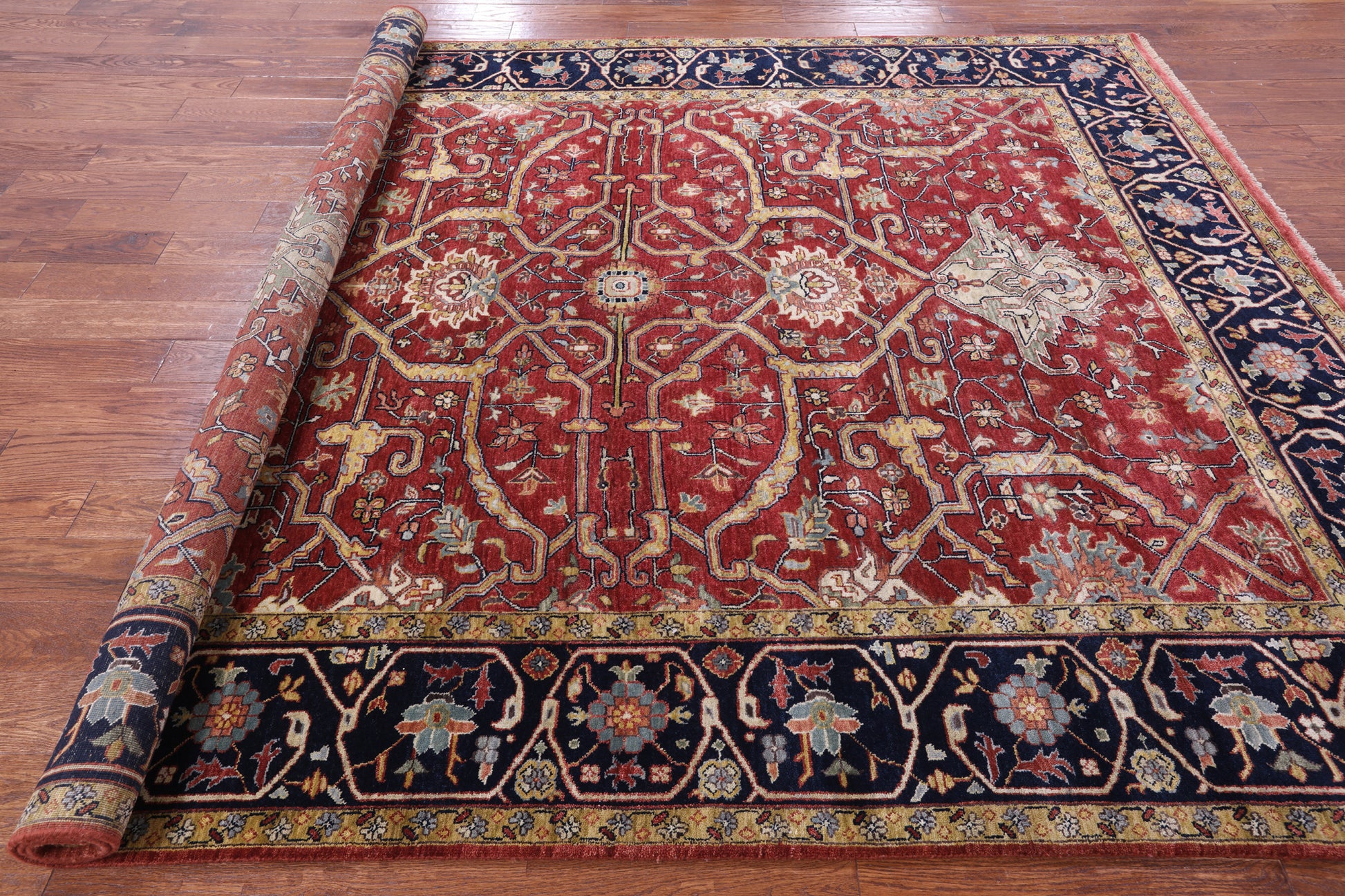Red Persian Fine Serapi Hand Knotted Wool Rug - 7' 11" X 10' 0" - Golden Nile
