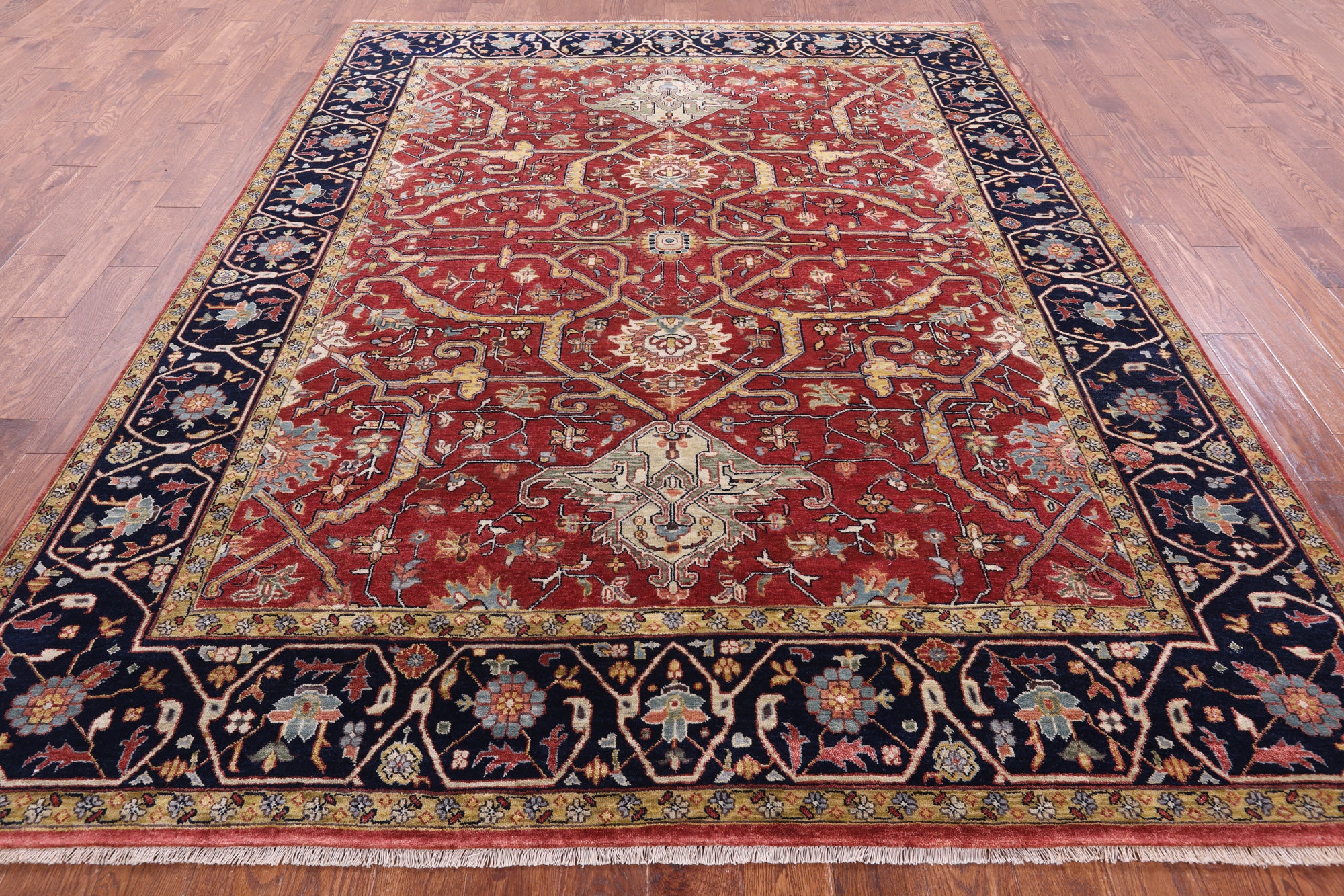 Red Persian Fine Serapi Hand Knotted Wool Rug - 7' 11" X 10' 0" - Golden Nile
