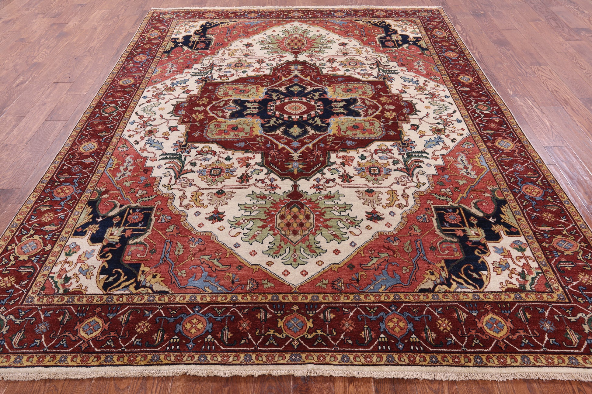 Ivory Persian Fine Serapi Hand Knotted Wool Rug - 7' 11" X 10' 0" - Golden Nile