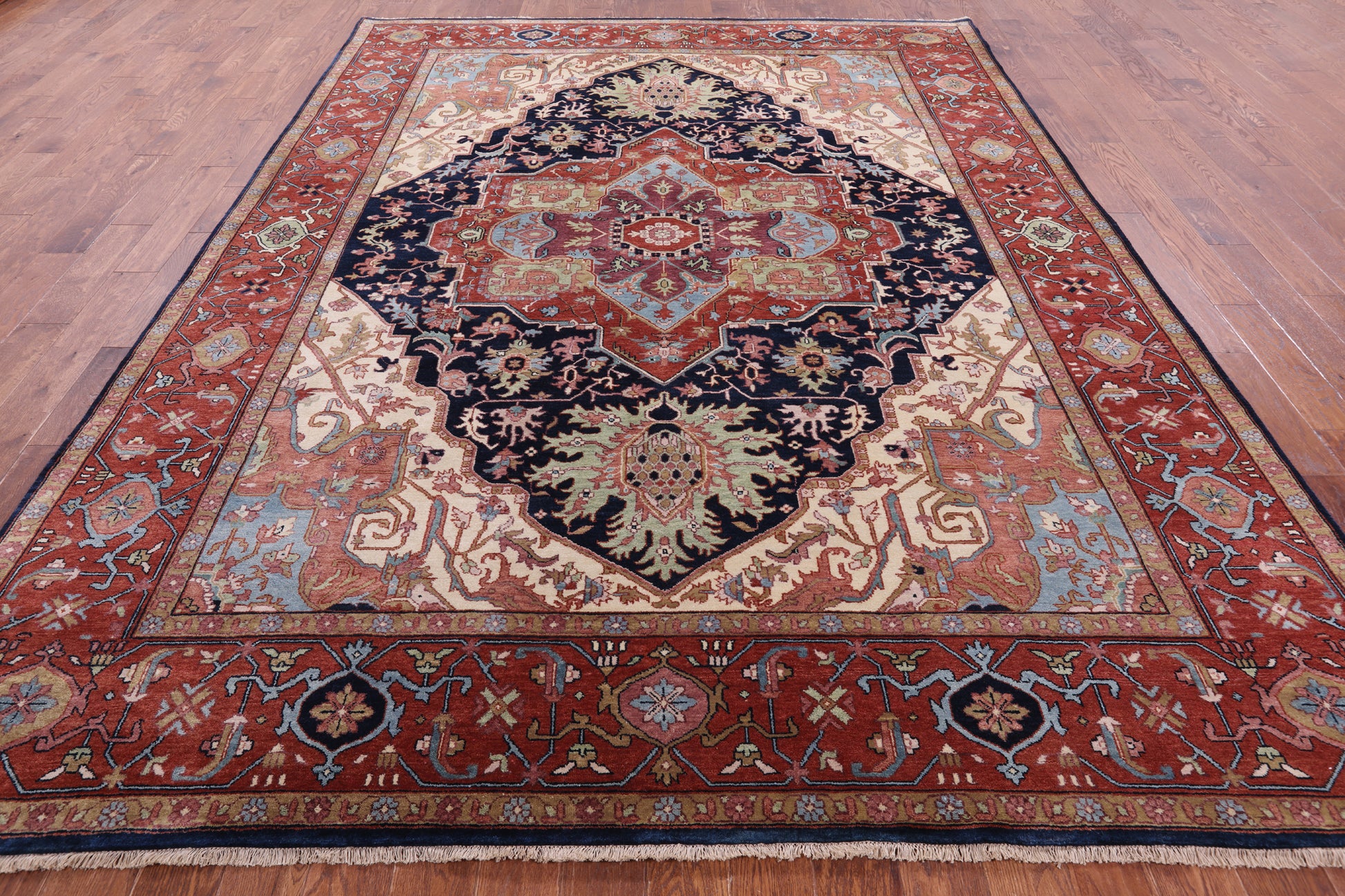 Blue Persian Fine Serapi Hand Knotted Wool Rug - 9' 0" X 11' 11" - Golden Nile