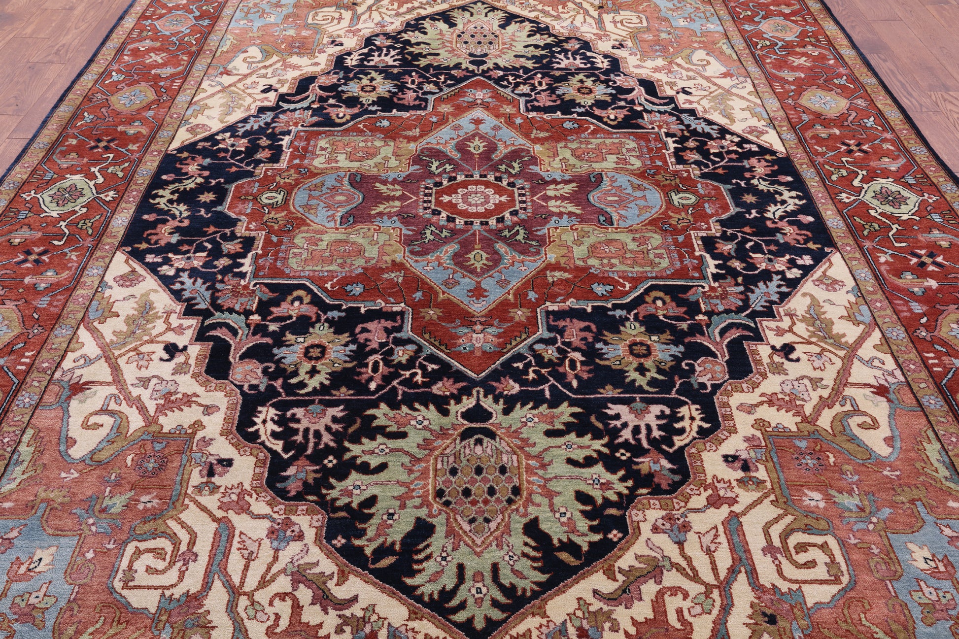 Blue Persian Fine Serapi Hand Knotted Wool Rug - 9' 0" X 11' 11" - Golden Nile