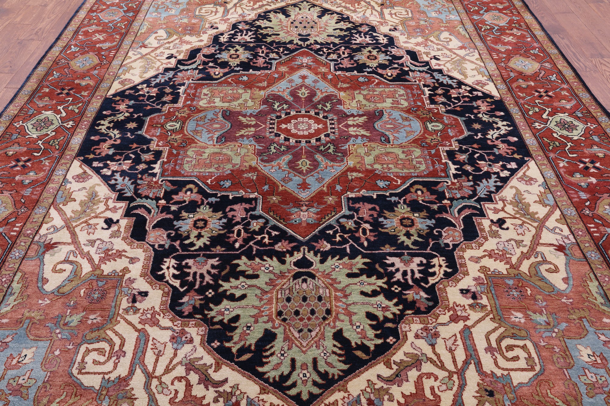 Blue Persian Fine Serapi Hand Knotted Wool Rug - 9' 0" X 11' 11" - Golden Nile