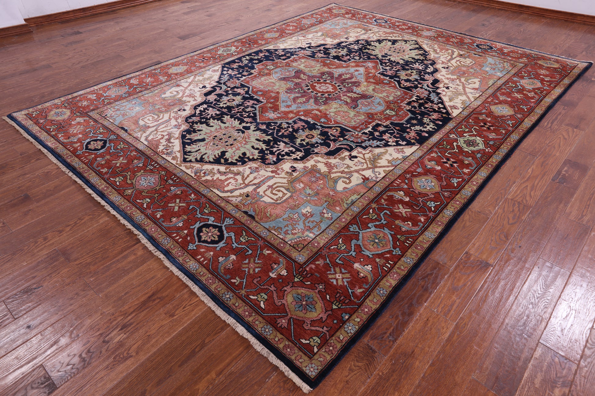Blue Persian Fine Serapi Hand Knotted Wool Rug - 9' 0" X 11' 11" - Golden Nile
