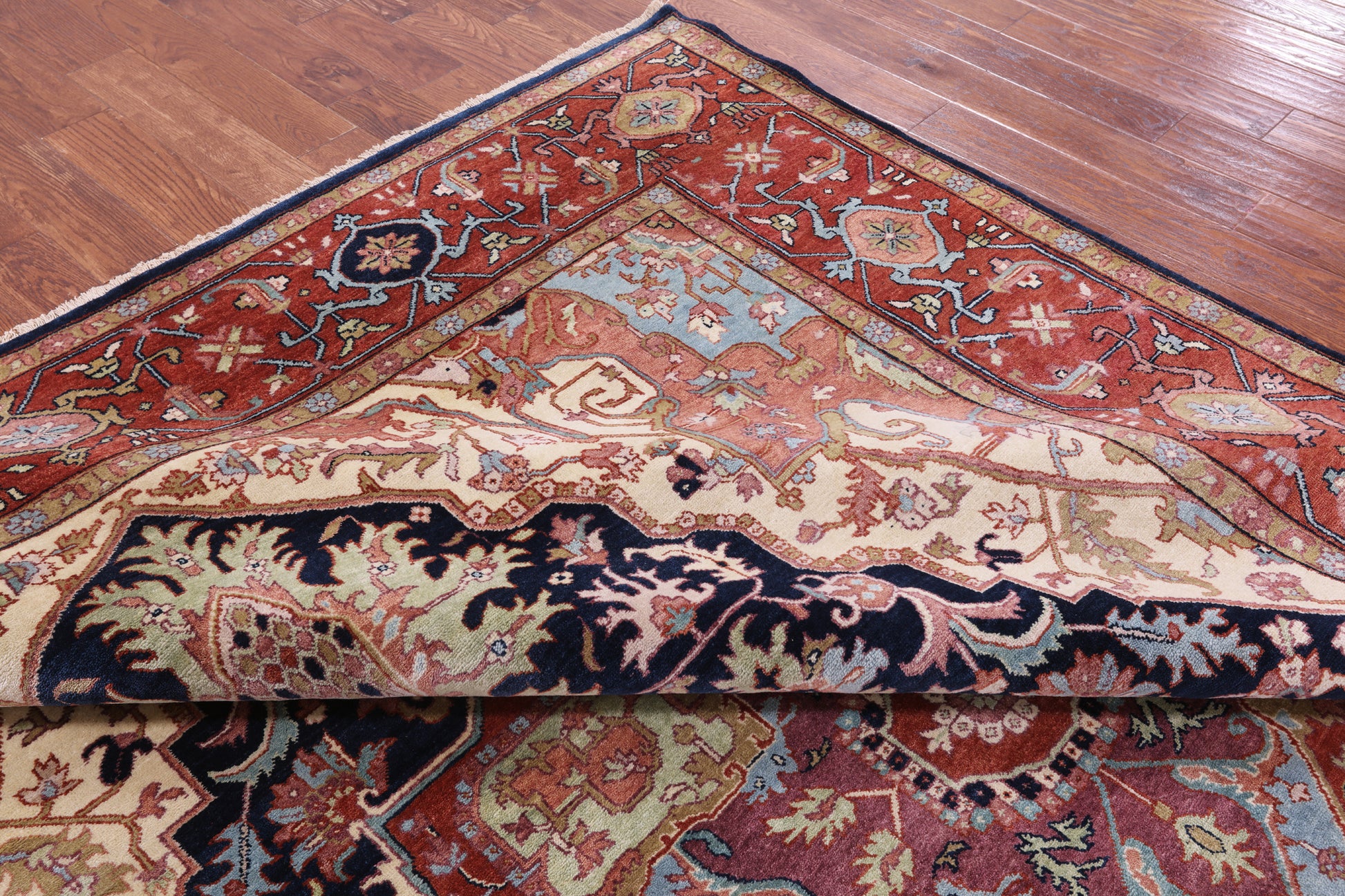 Blue Persian Fine Serapi Hand Knotted Wool Rug - 9' 0" X 11' 11" - Golden Nile