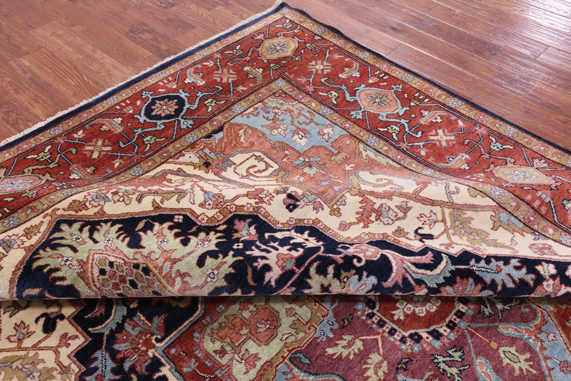 Blue Persian Fine Serapi Hand Knotted Wool Rug - 9' 0" X 11' 11" - Golden Nile