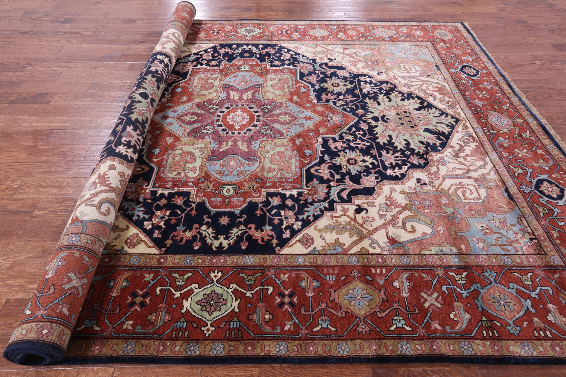 Blue Persian Fine Serapi Hand Knotted Wool Rug - 9' 0" X 11' 11" - Golden Nile