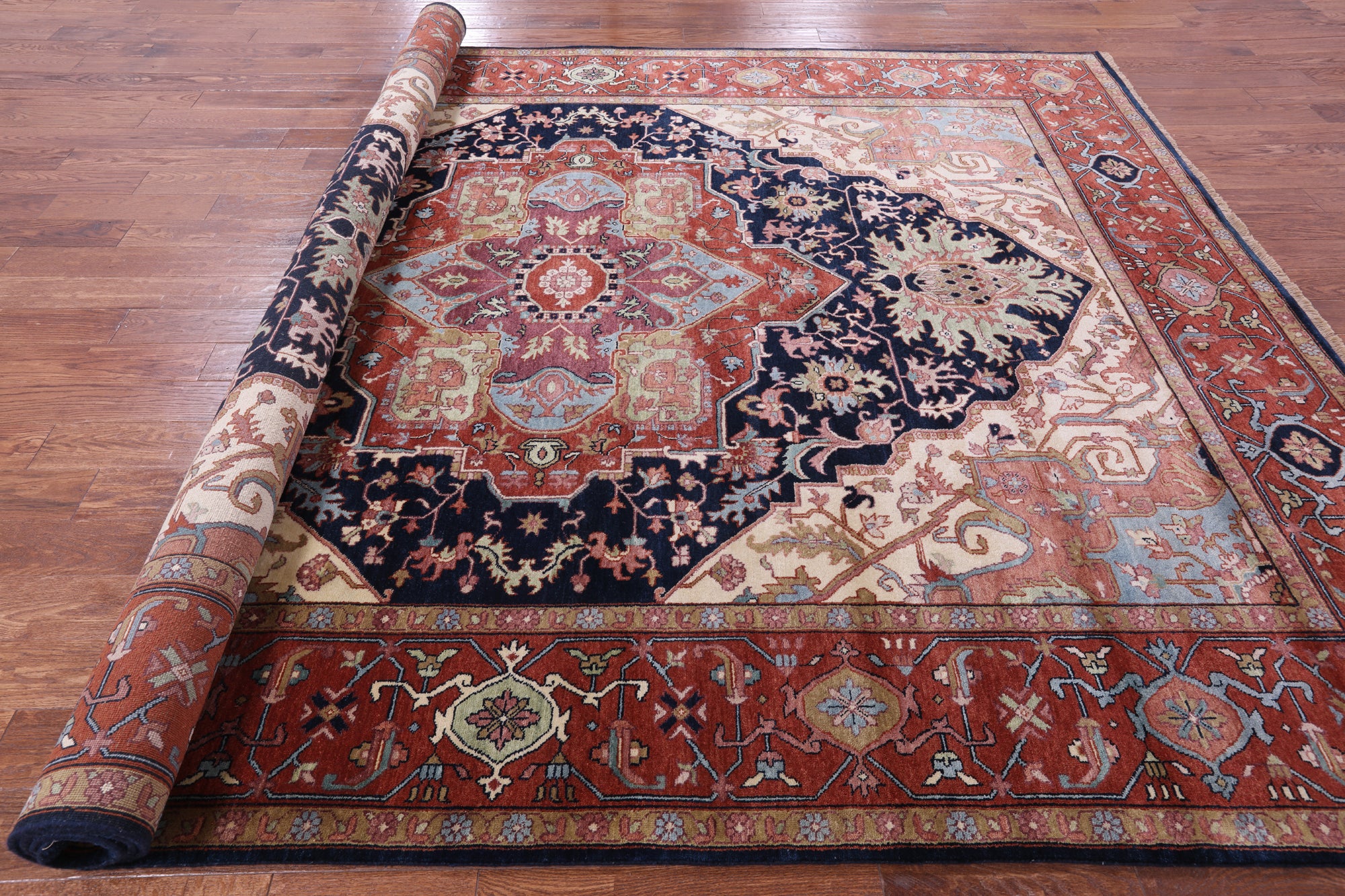 Blue Persian Fine Serapi Hand Knotted Wool Rug - 9' 0" X 11' 11" - Golden Nile
