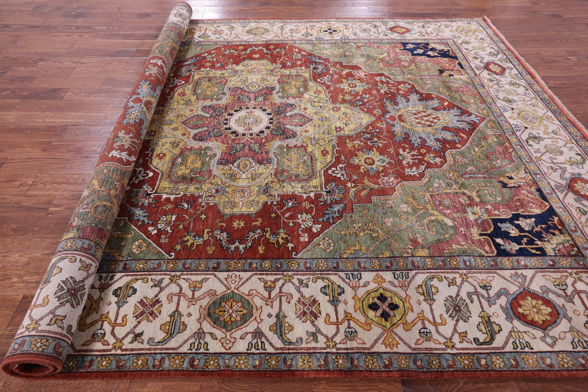 Rust Persian Fine Serapi Hand Knotted Wool Rug - 8' 10" X 11' 11" - Golden Nile