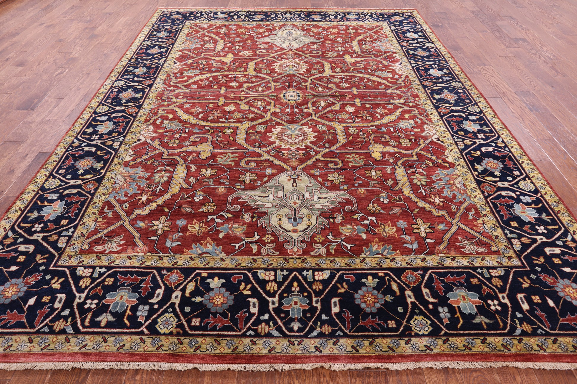 Red Persian Fine Serapi Hand Knotted Wool Rug - 9' 0" X 11' 11" - Golden Nile