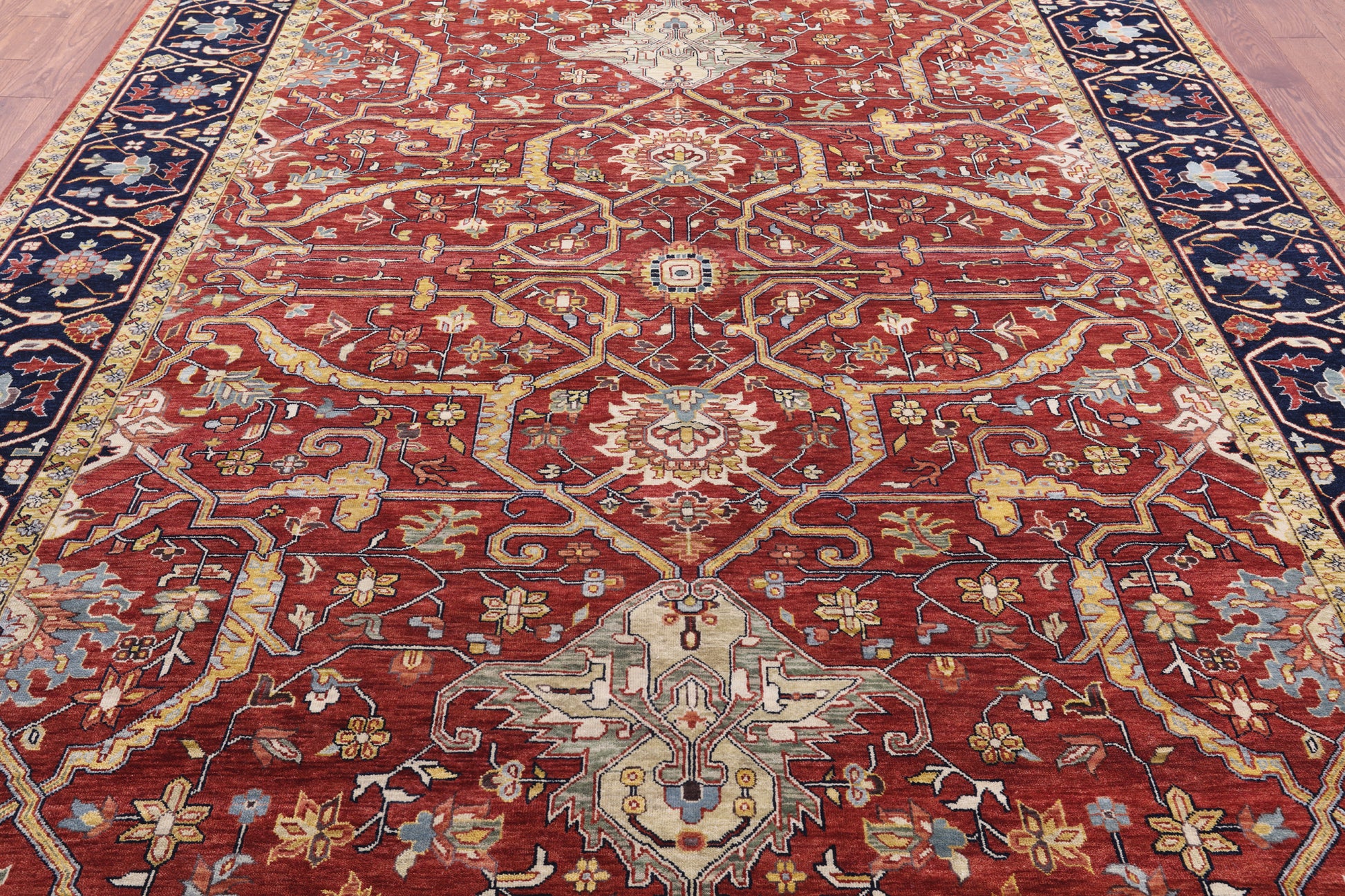 Red Persian Fine Serapi Hand Knotted Wool Rug - 9' 0" X 11' 11" - Golden Nile
